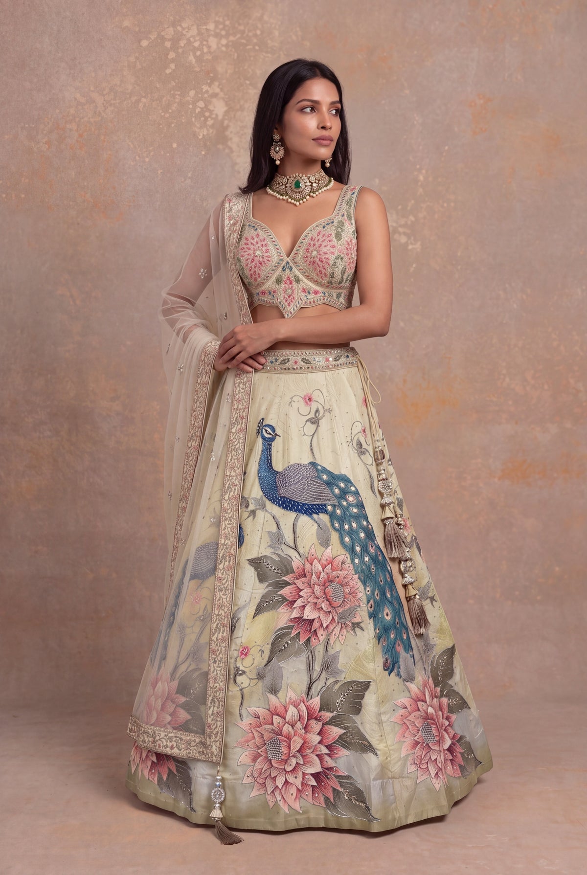 Pista Green Peacock & Floral Silk Lehenga - Mokshaa