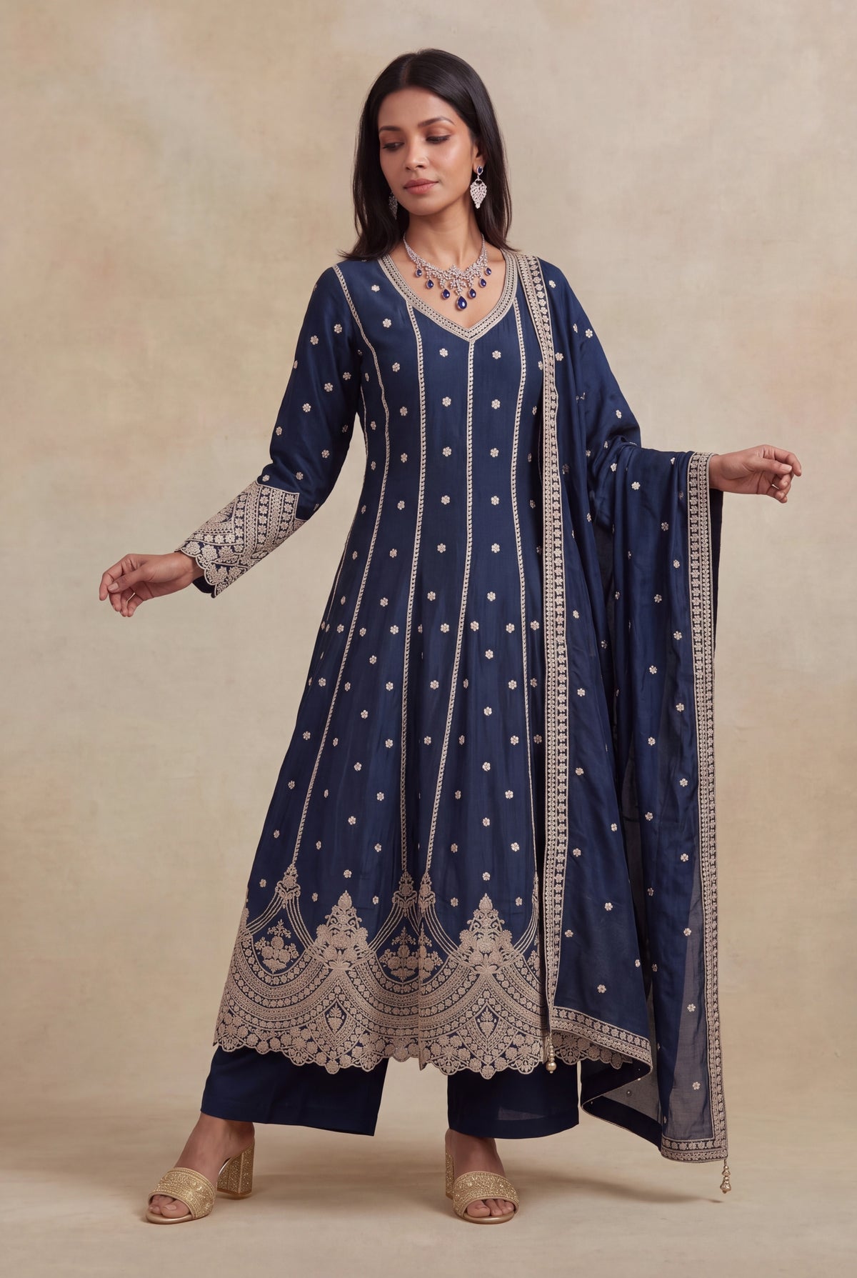 Navy Blue Raw Silk Anarkali Set - Mokshaa