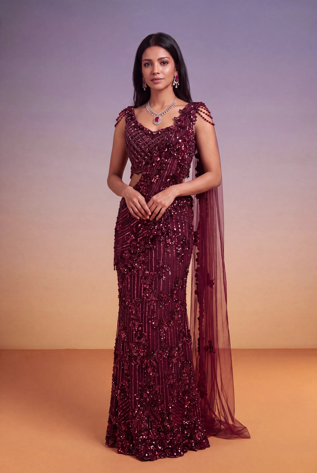 Wine Net Fish-Cut Indo-Western Drape Saree - Mokshaa