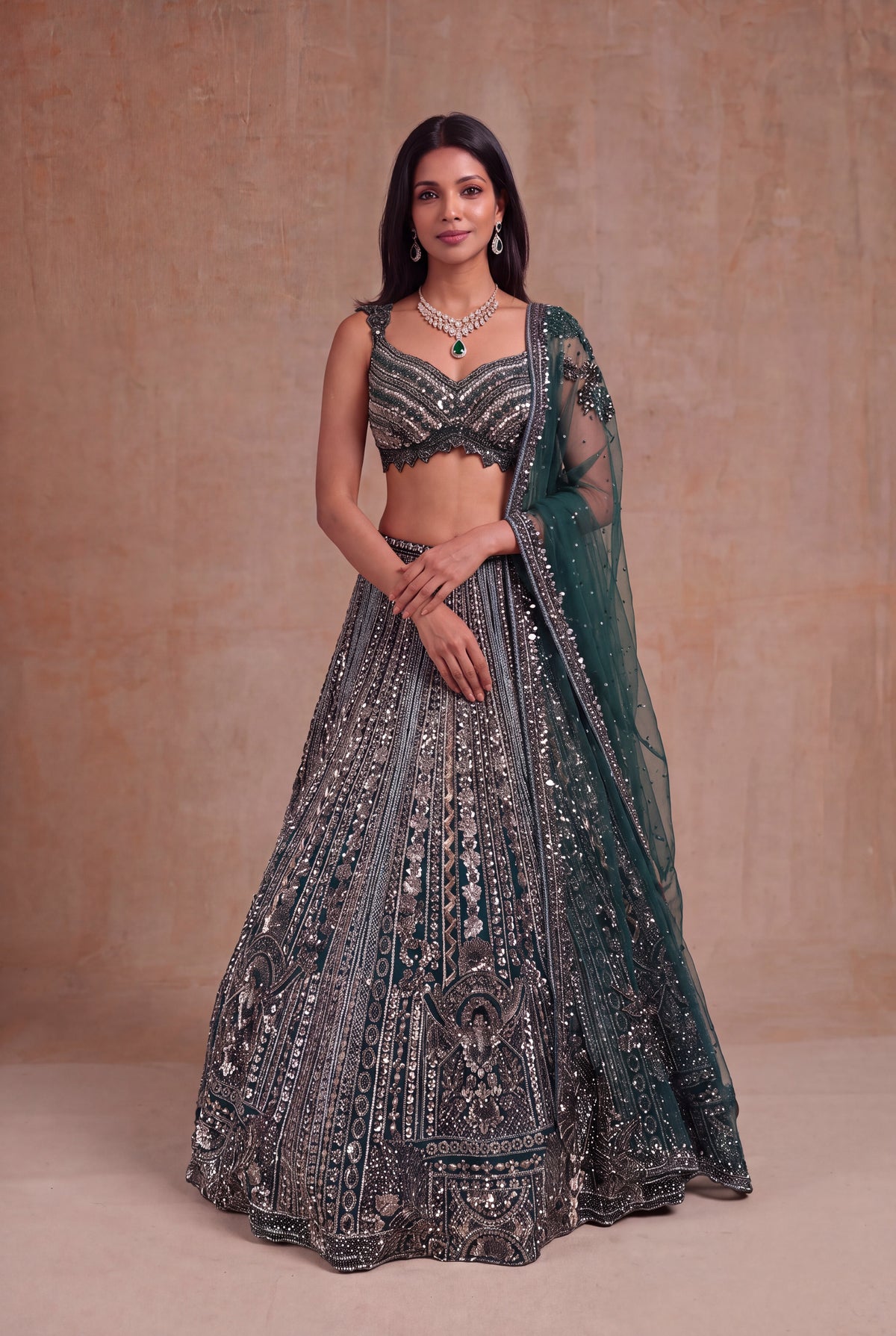 Emerald Green Net Lehenga - Mokshaa