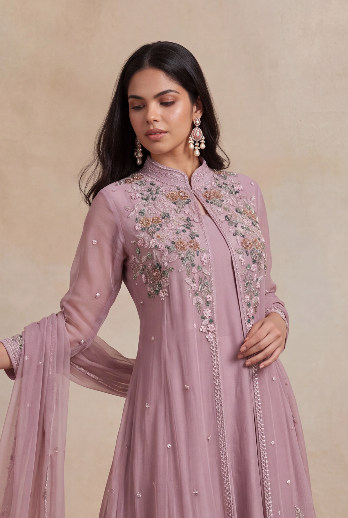 Dusty Pink Crepe Indo-Western Sharara Set - Mokshaa