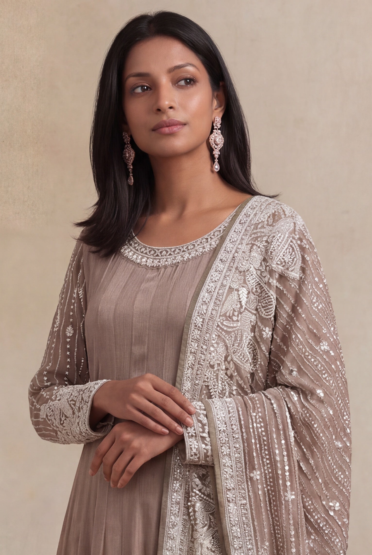 Elephant Grey Grape Fabric Embroidered Anarkali Suit