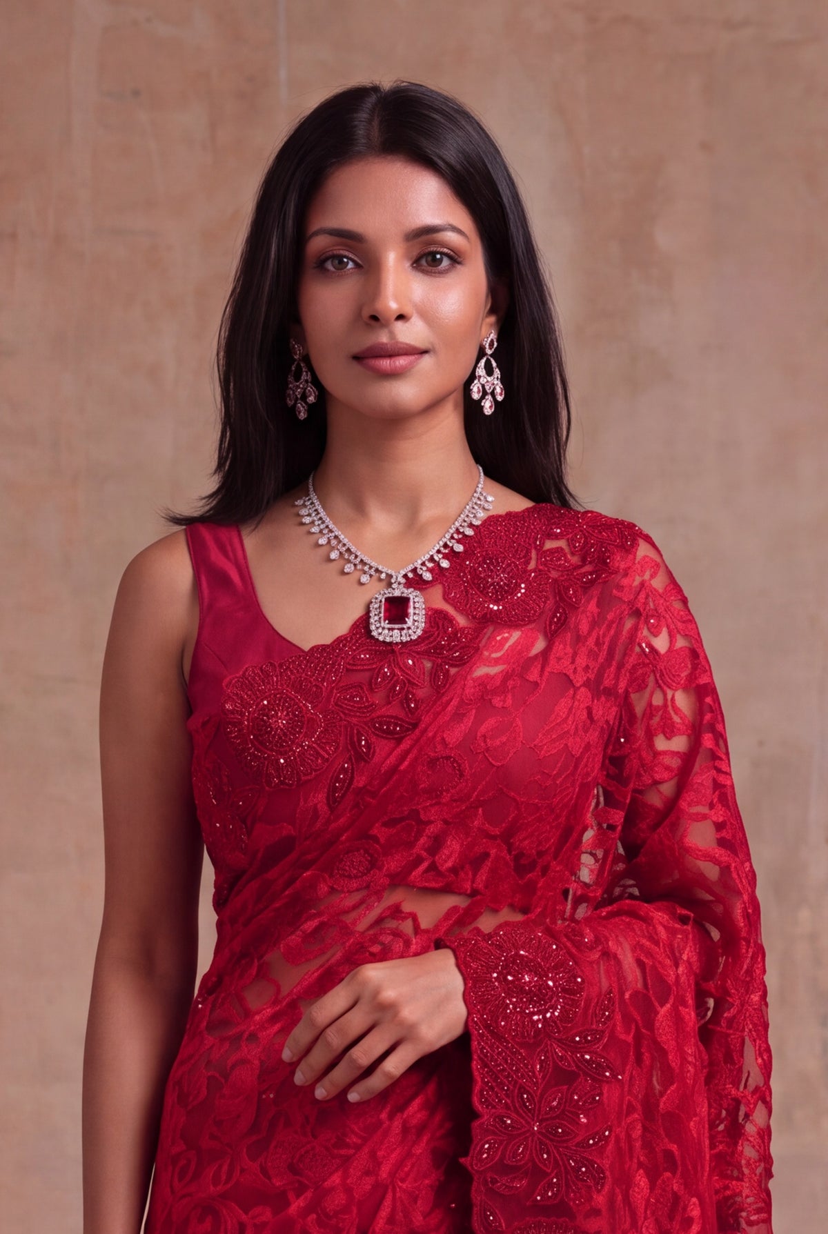 Red Net Saree with Sequin Jaal Work - Mokshaa