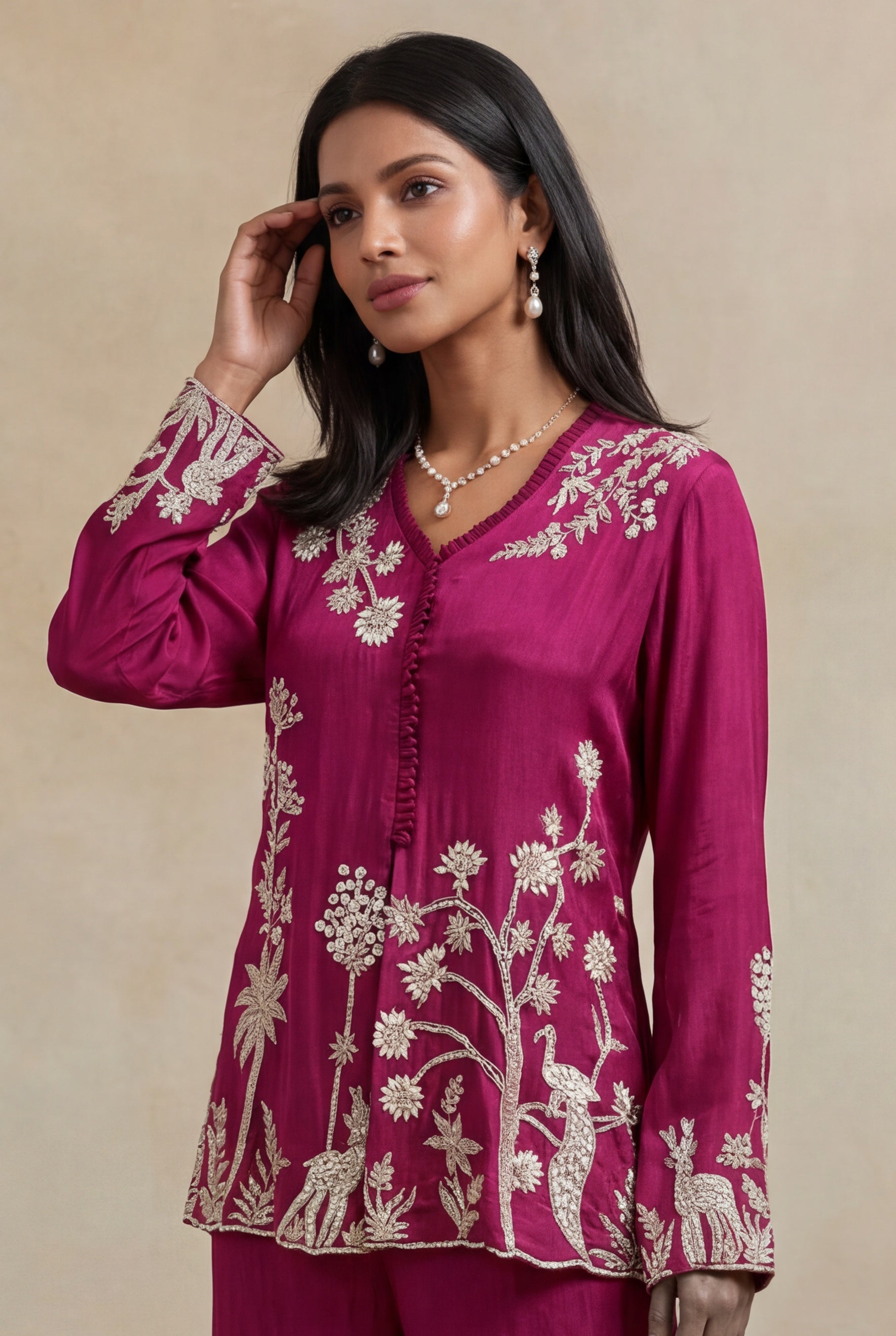 Magenta Pink Georgette Embroidered Indo-Western Co-Ord Set