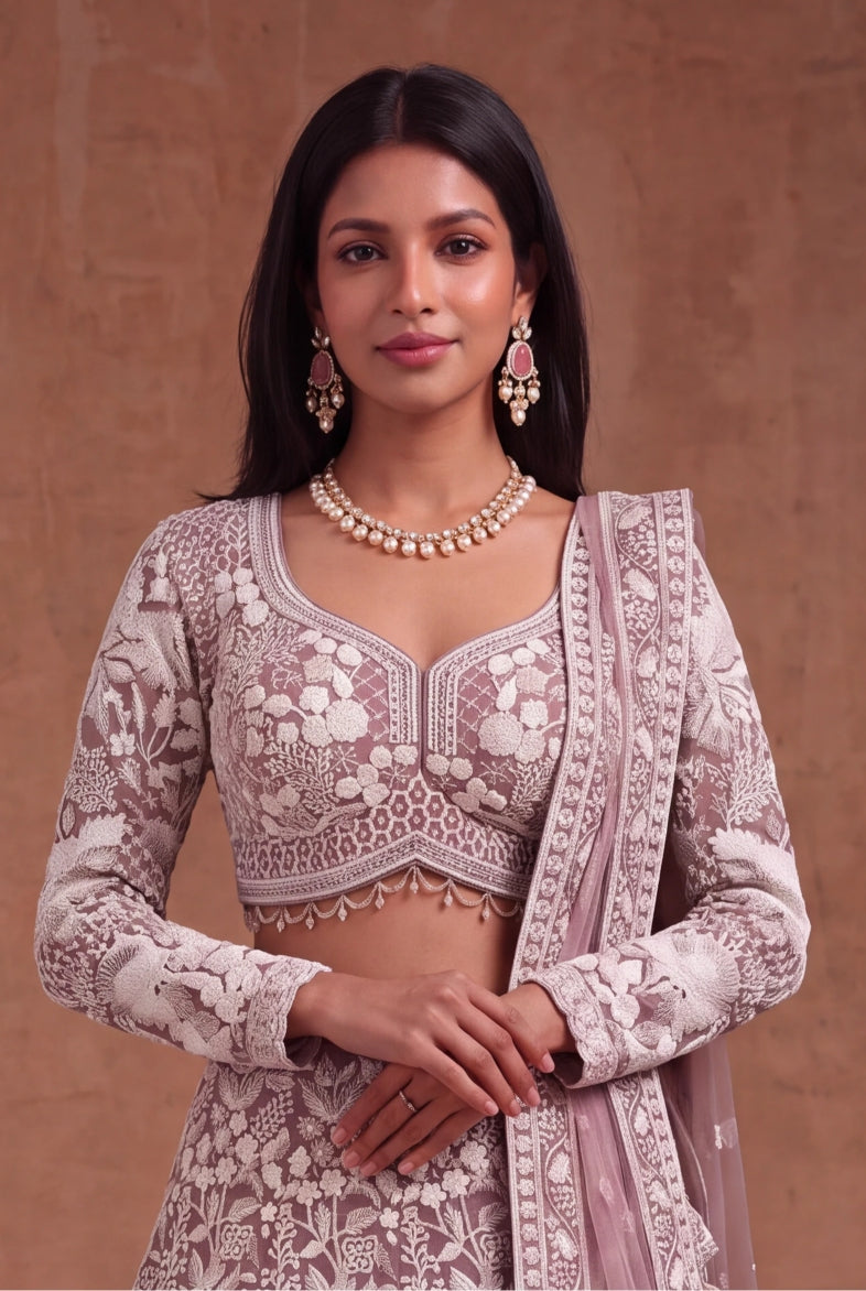 Dusty Mauve Net Lehenga - Mokshaa