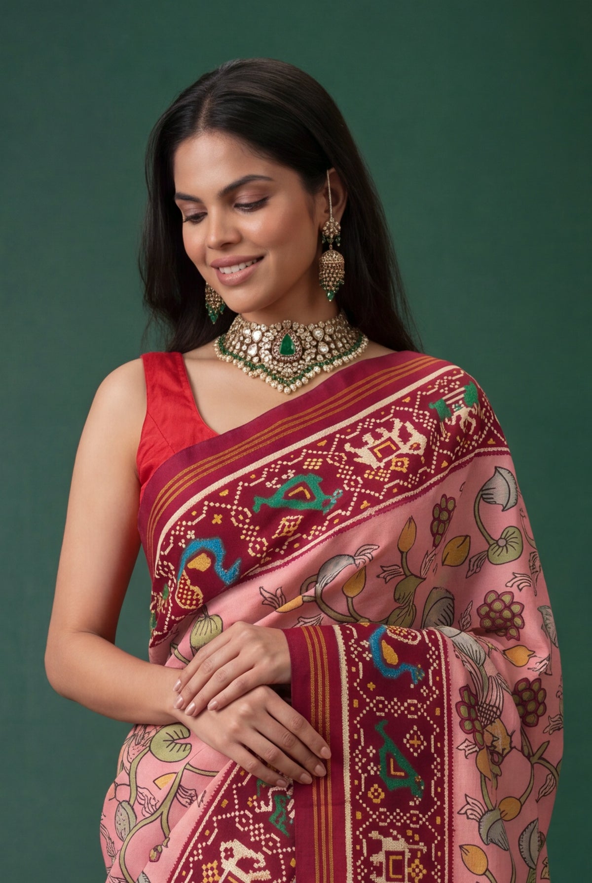 Peach Patan Patola Silk Kalamkari Saree - Mokshaa