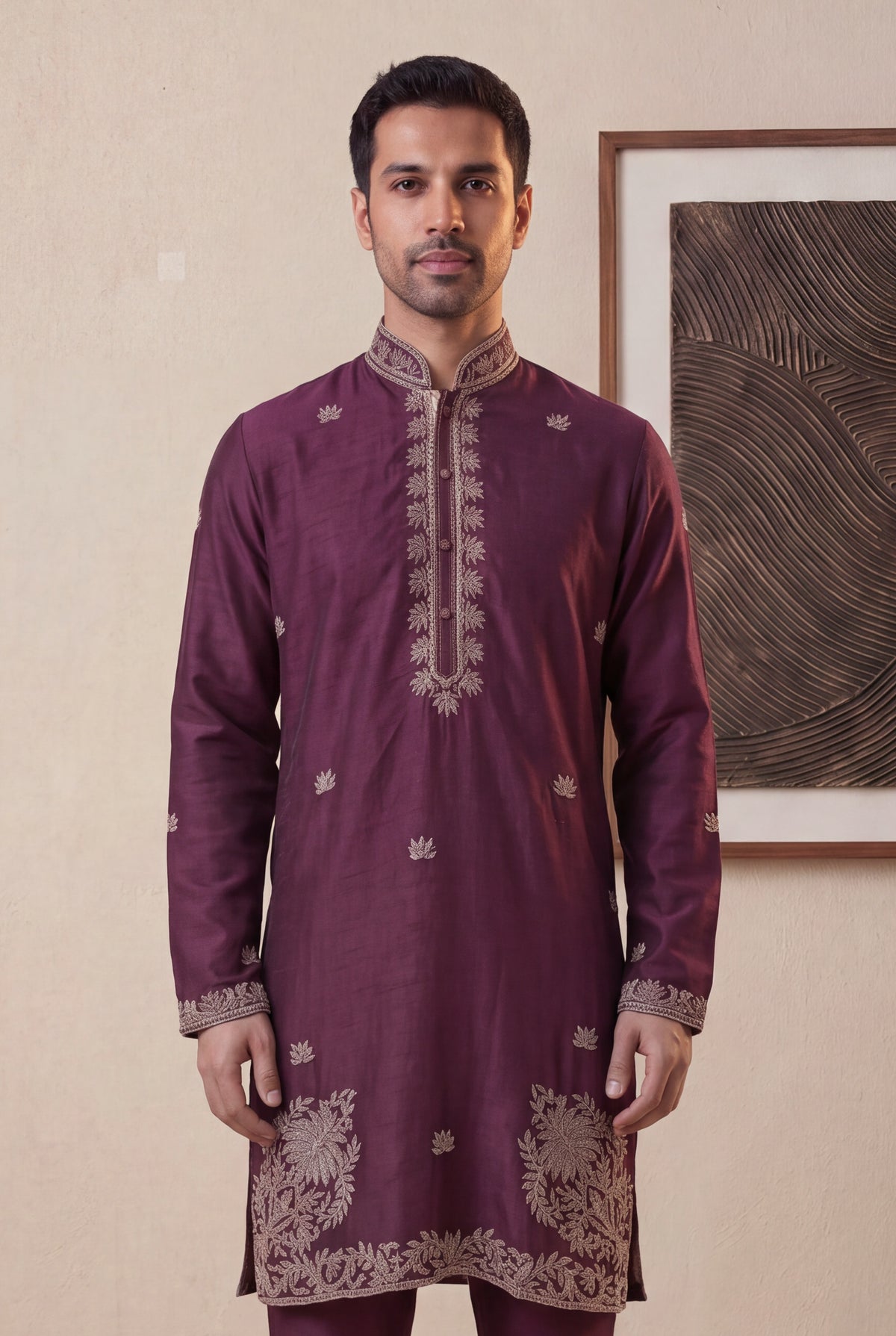 Wine Raw Silk Kurta Pant Set - Mokshaa