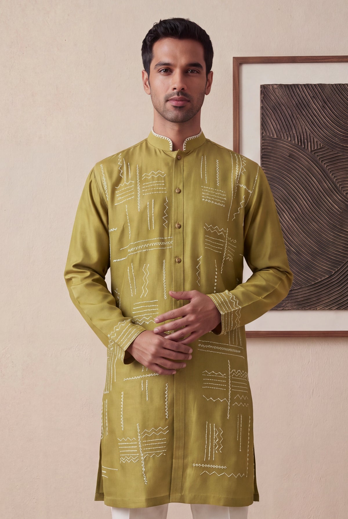 Olive Green Nysa Silk Kurta Pant Set - Mokshaa