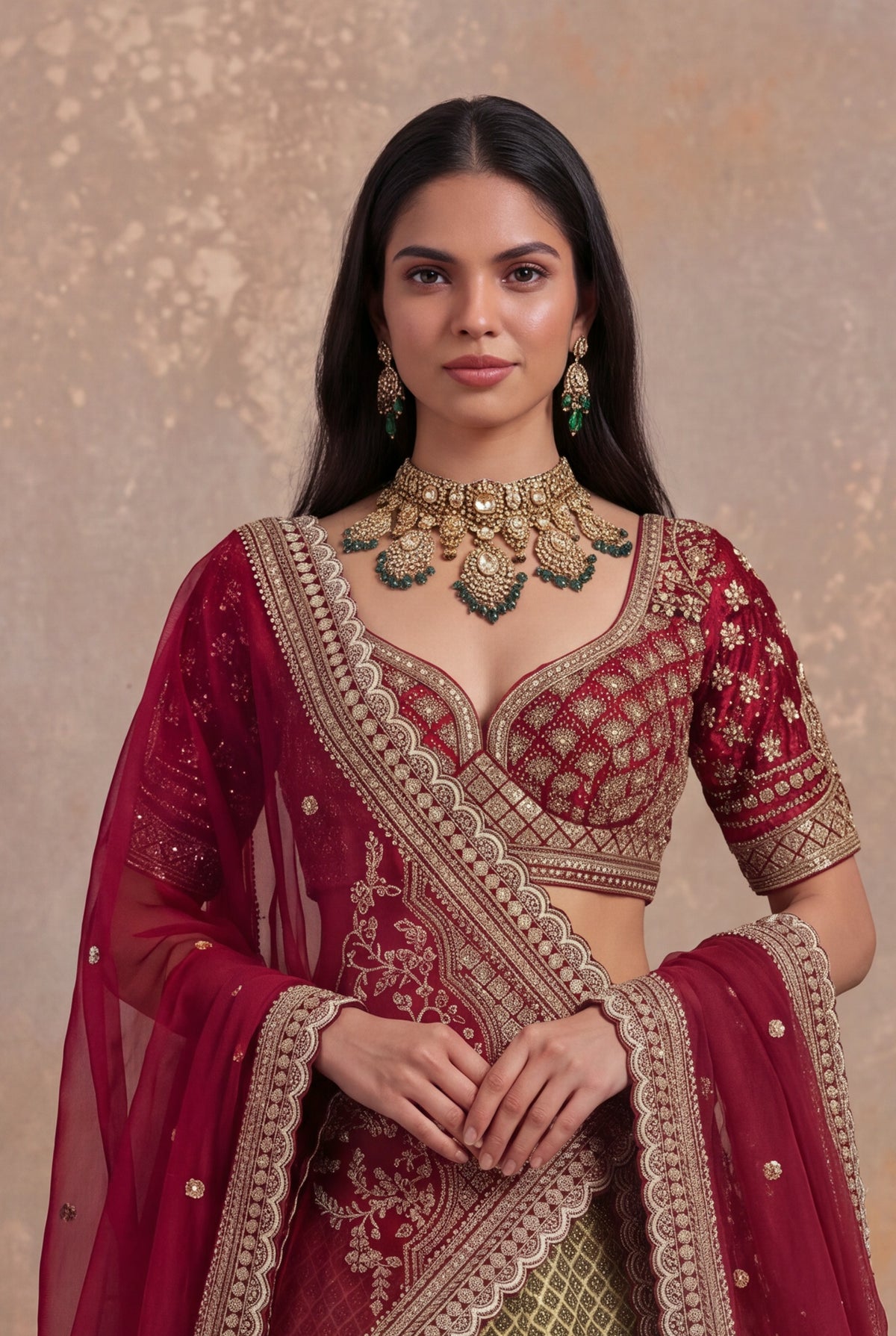 Olive Green Printed Silk Lehenga Set with Zardozi and Cutdana Work - Mokshaa