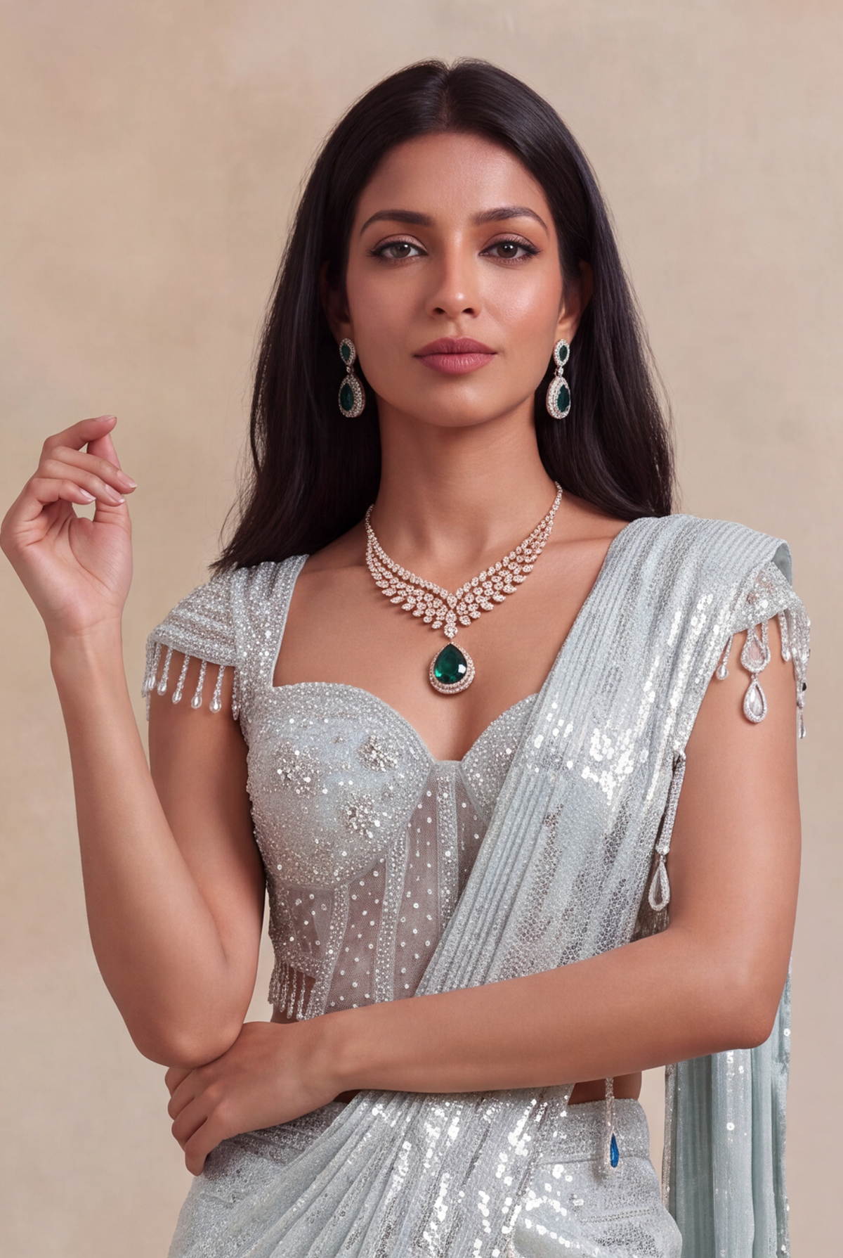 Ice Blue Net Drape Saree with Embellished Corset Blouse - Mokshaa