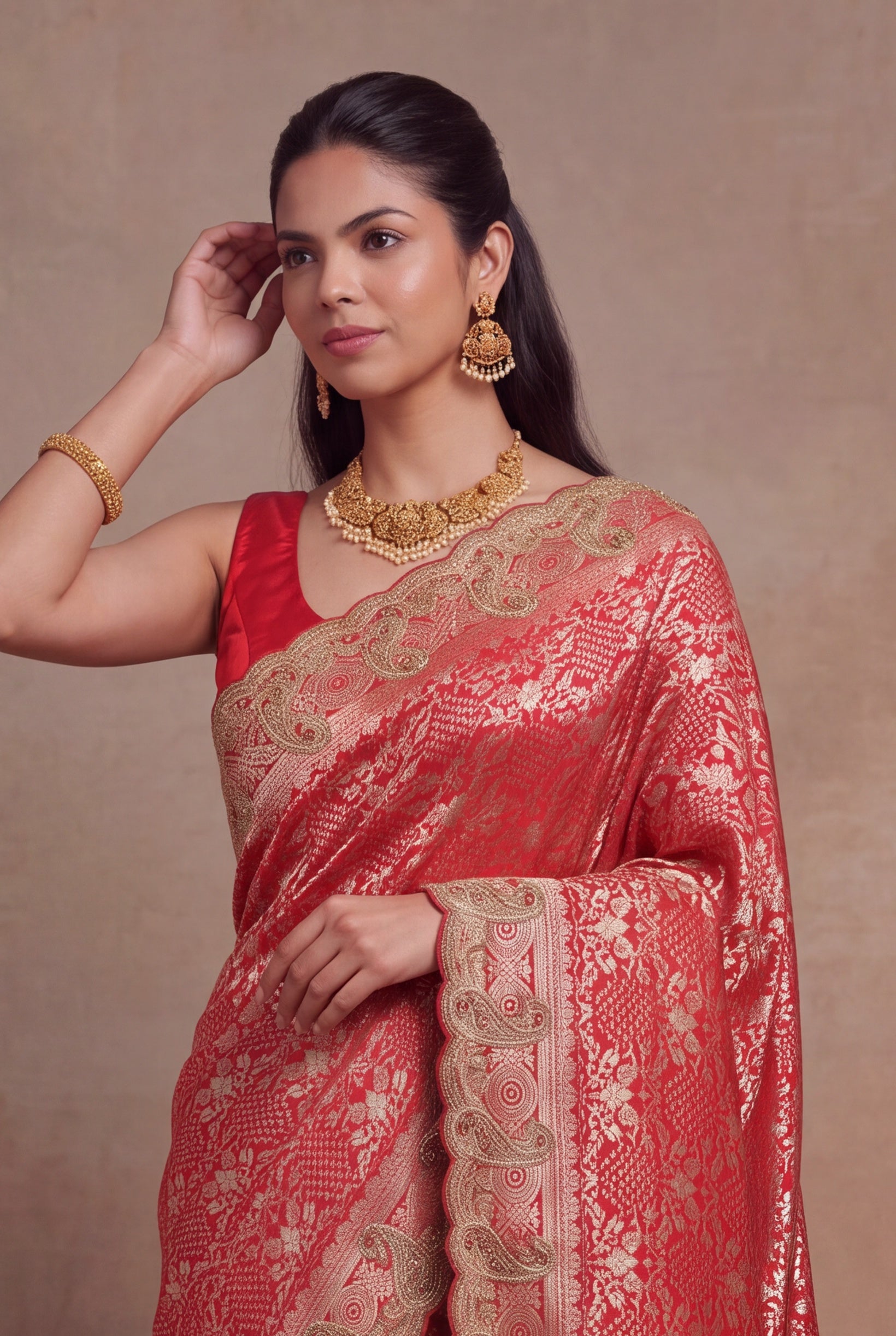 Red Banarasi Zari Scallop Border Saree