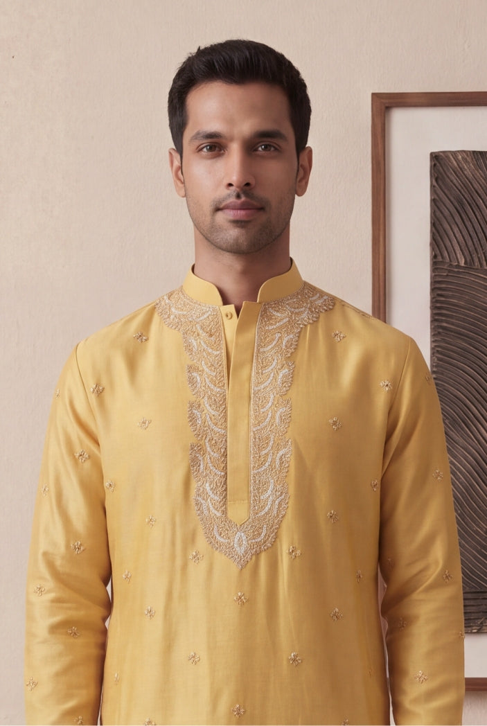 Yellow Raw Silk Embroidered Kurta Pant - Mokshaa