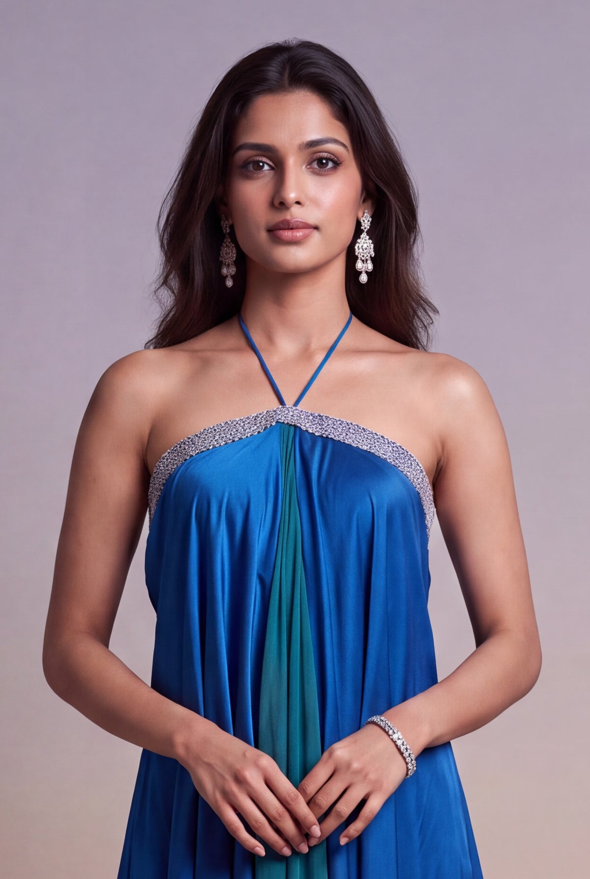 Blue & Teal Draped Halter-Neck Indo-Western Dress - Mokshaa