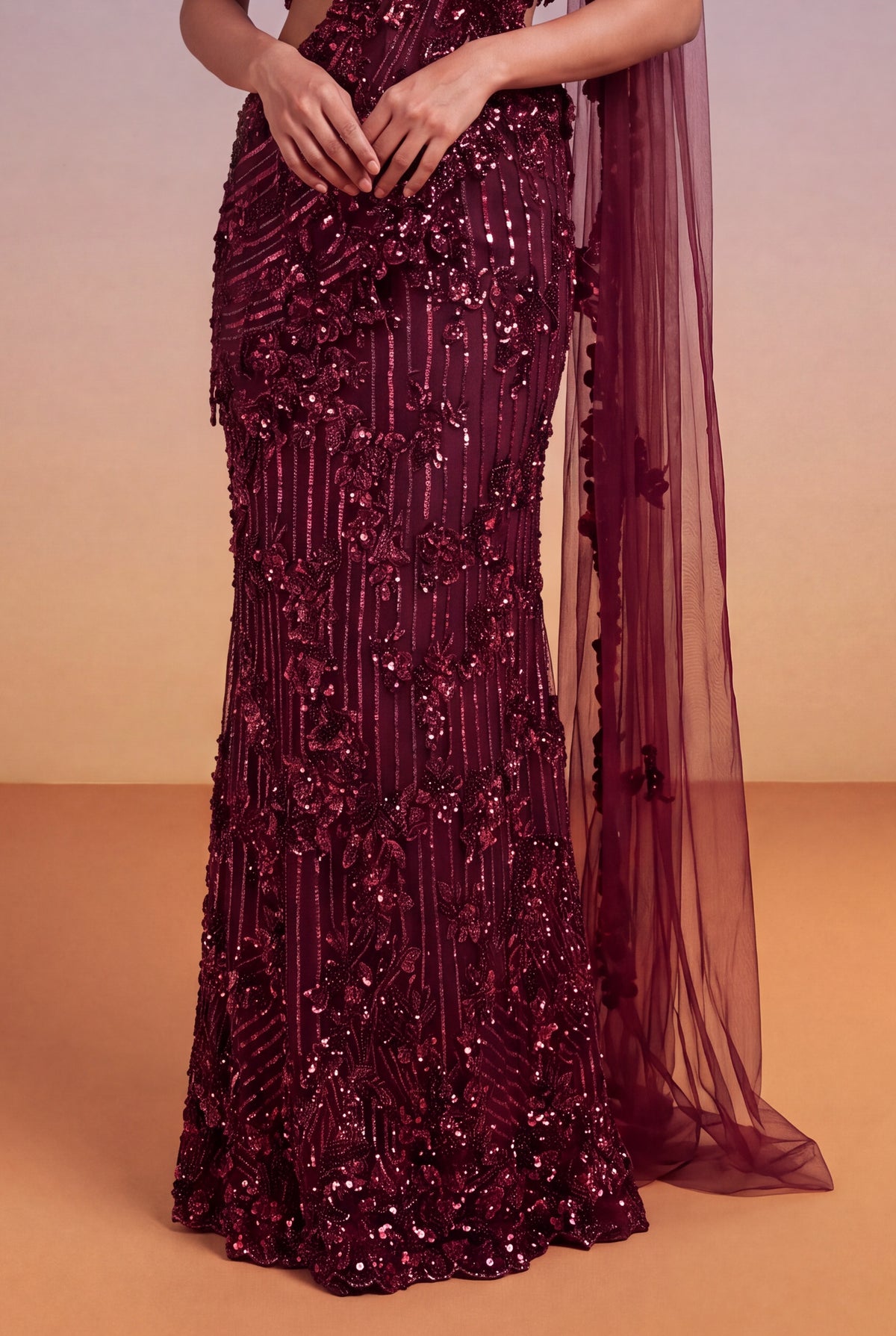 Wine Net Fish-Cut Indo-Western Drape Saree - Mokshaa