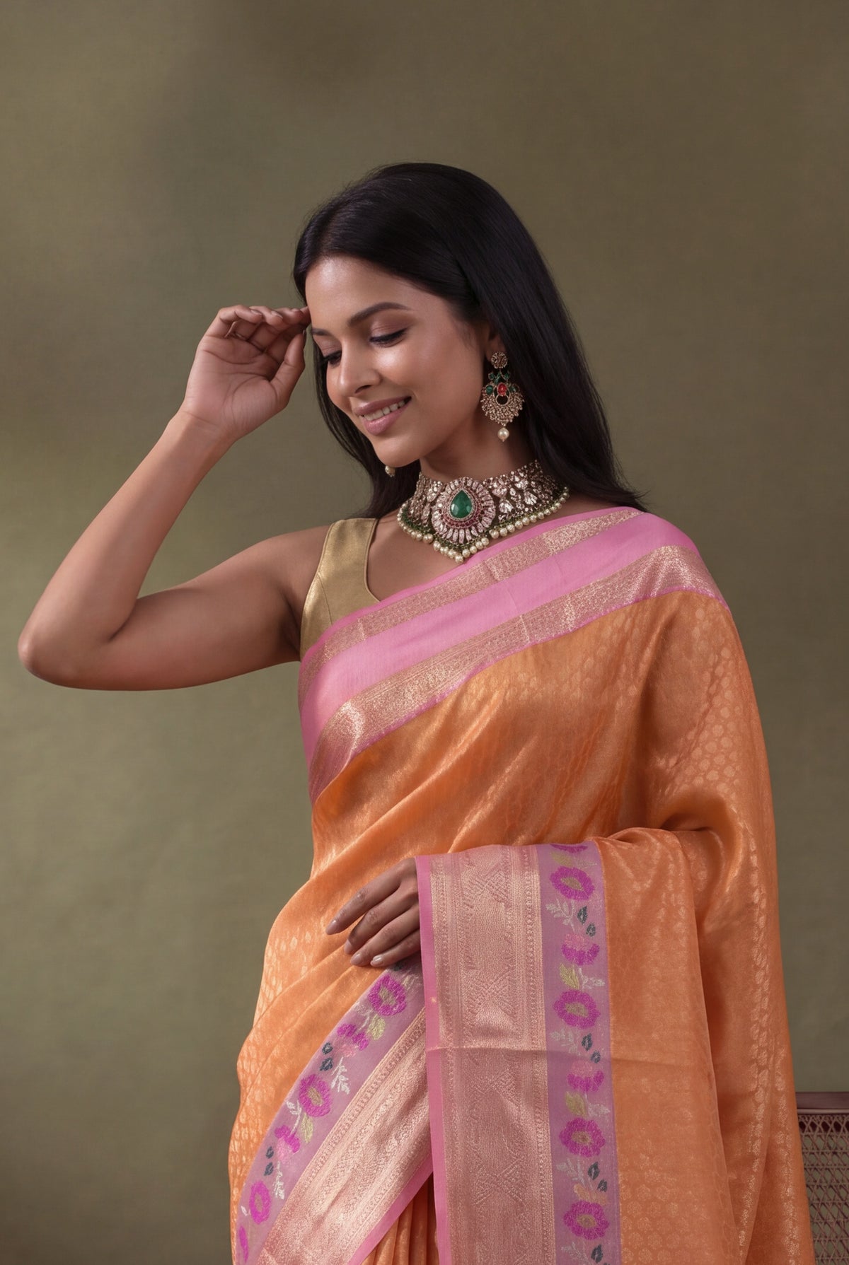 Peach Kanchipuram Kora Silk Fusion Saree - Mokshaa