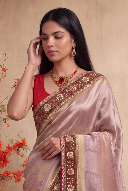 Mauve Pink Zardozi Scallop Border Saree - Mokshaa