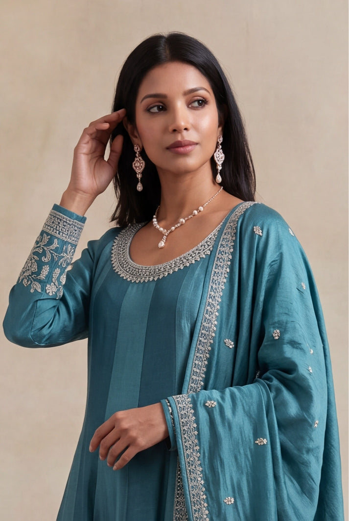 Teal Blue Raw Silk Anarkali Set - Mokshaa