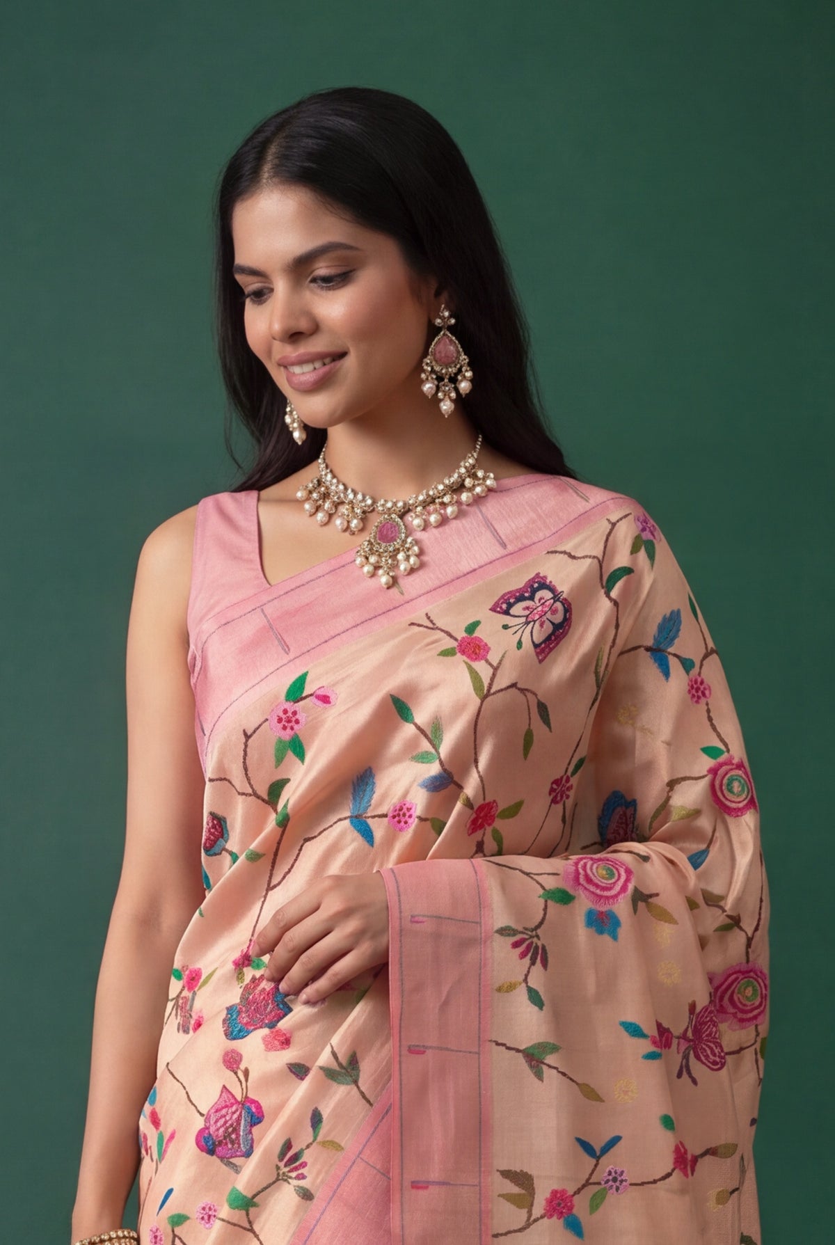 Peach Tissue Paithani Saree with Convent Embroidery and Contrast Pink Border - Mokshaa