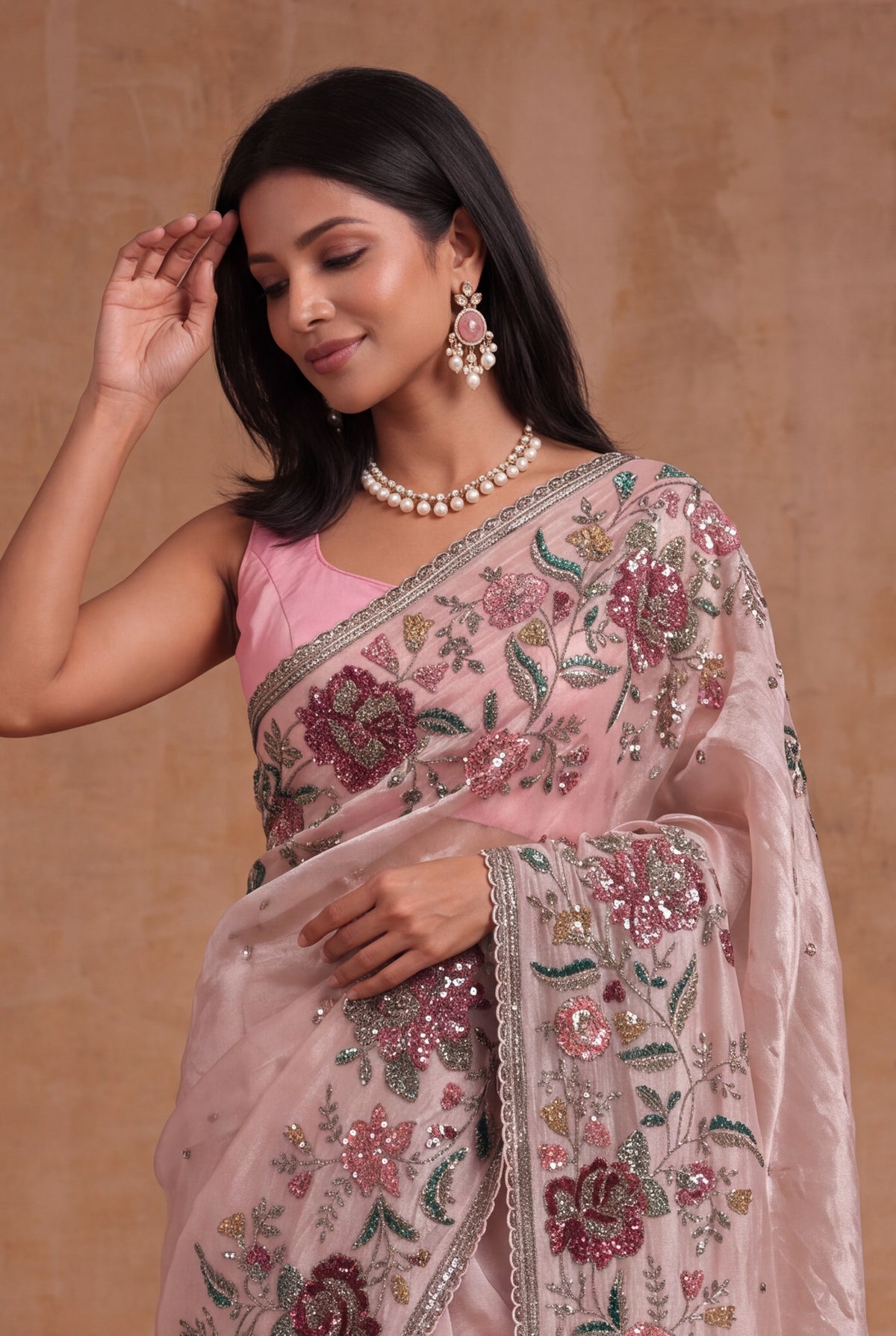 Blush Pink Tissue Organza Floral Sequin Saree - Mokshaa
