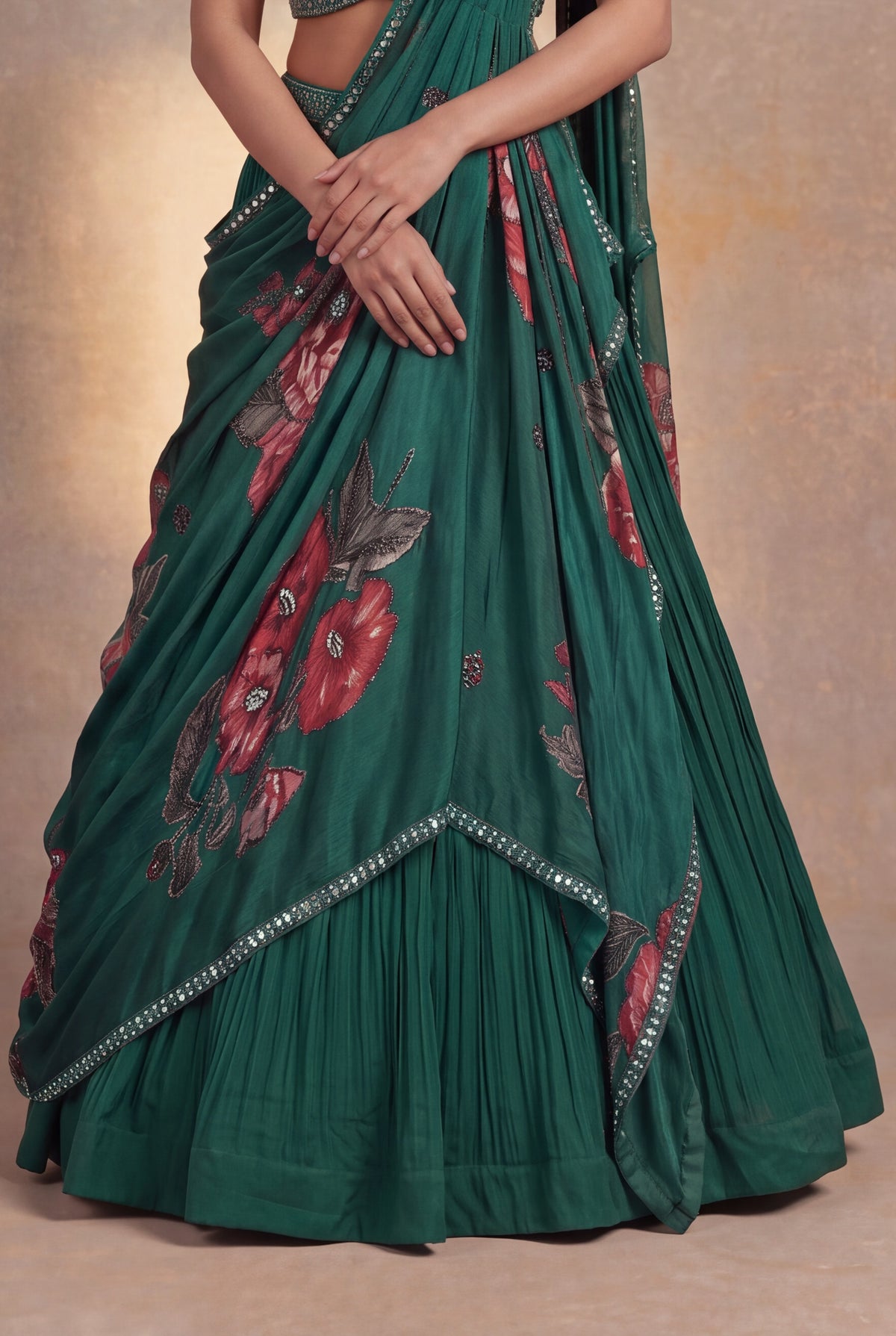 Bottle Green Georgette Draped Lehenga - Mokshaa