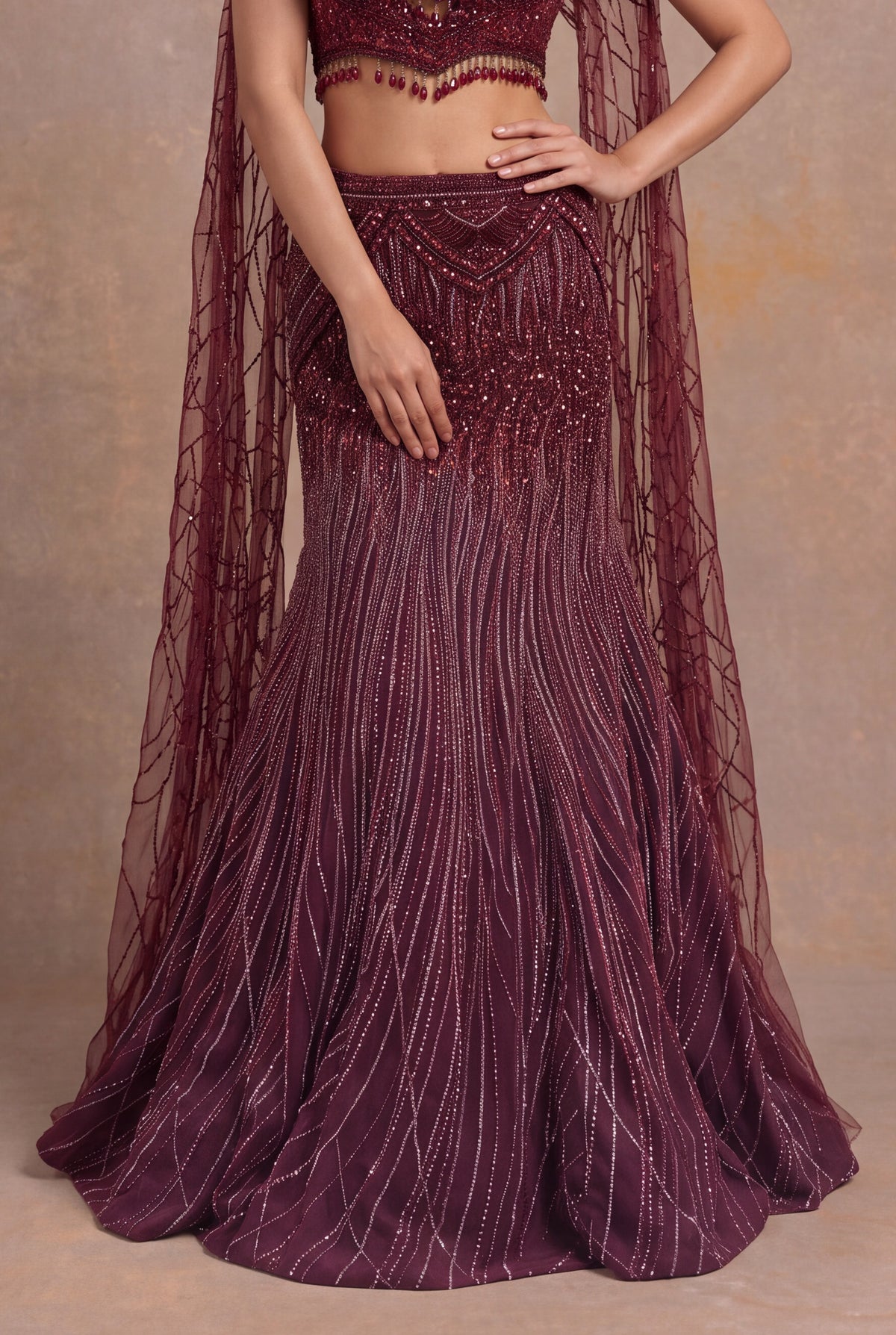 Maroon Net Lehenga with Sequin, Cutdana and Bead Embroidery - Mokshaa