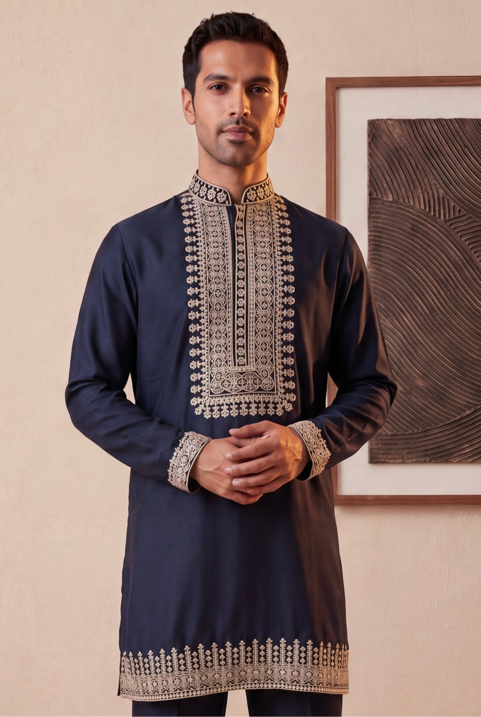 Navy Blue Embroidered Silk Kurta Set - Mokshaa