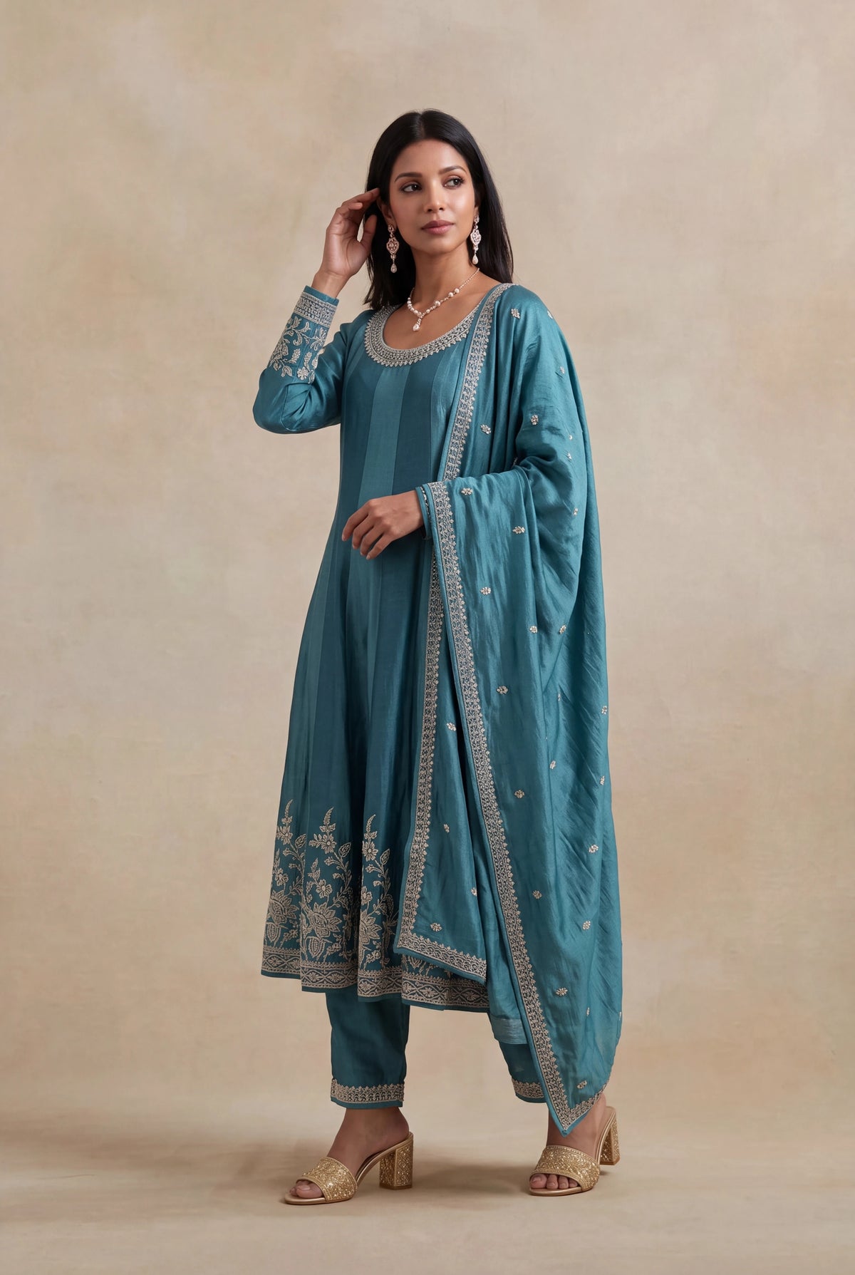 Teal Blue Raw Silk Anarkali Set - Mokshaa