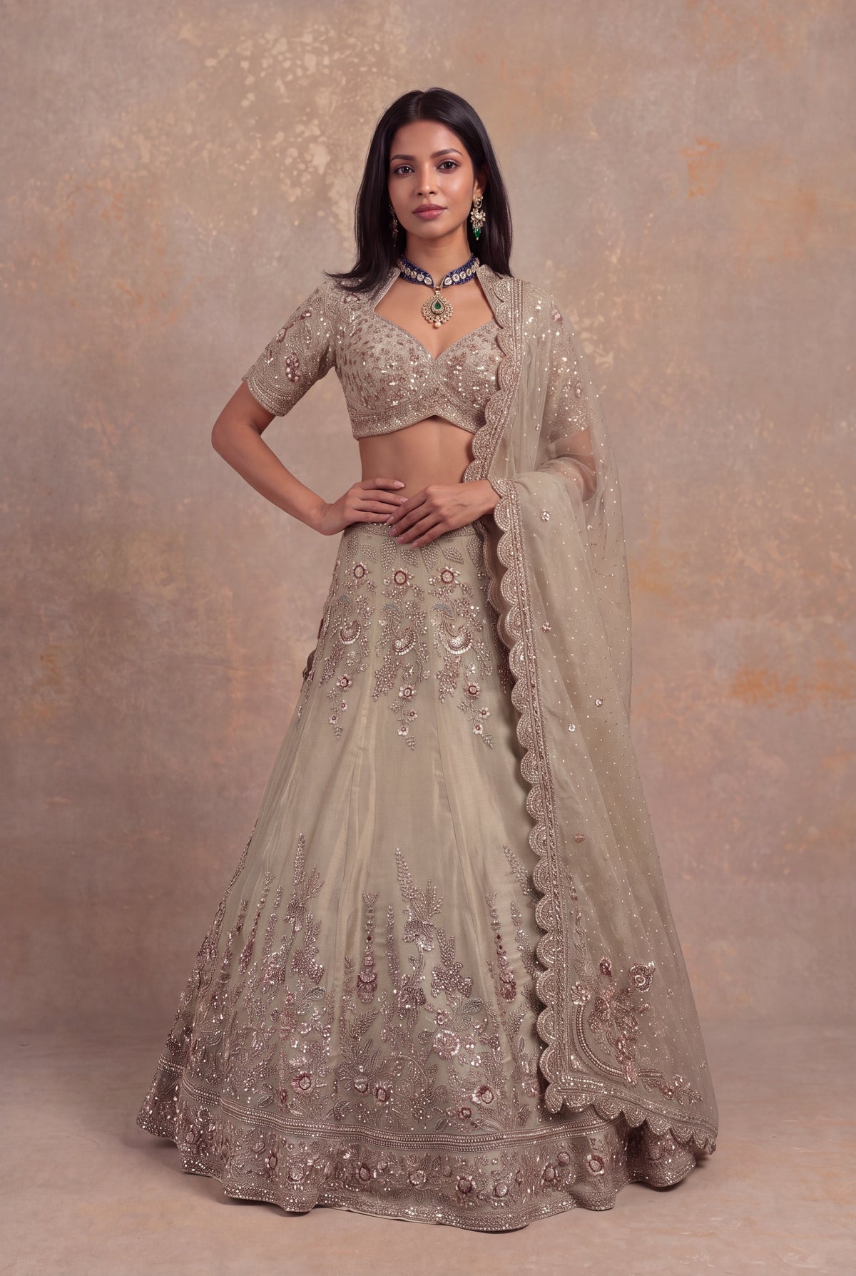 Champagne Shimmer Tissue Lehenga - Mokshaa