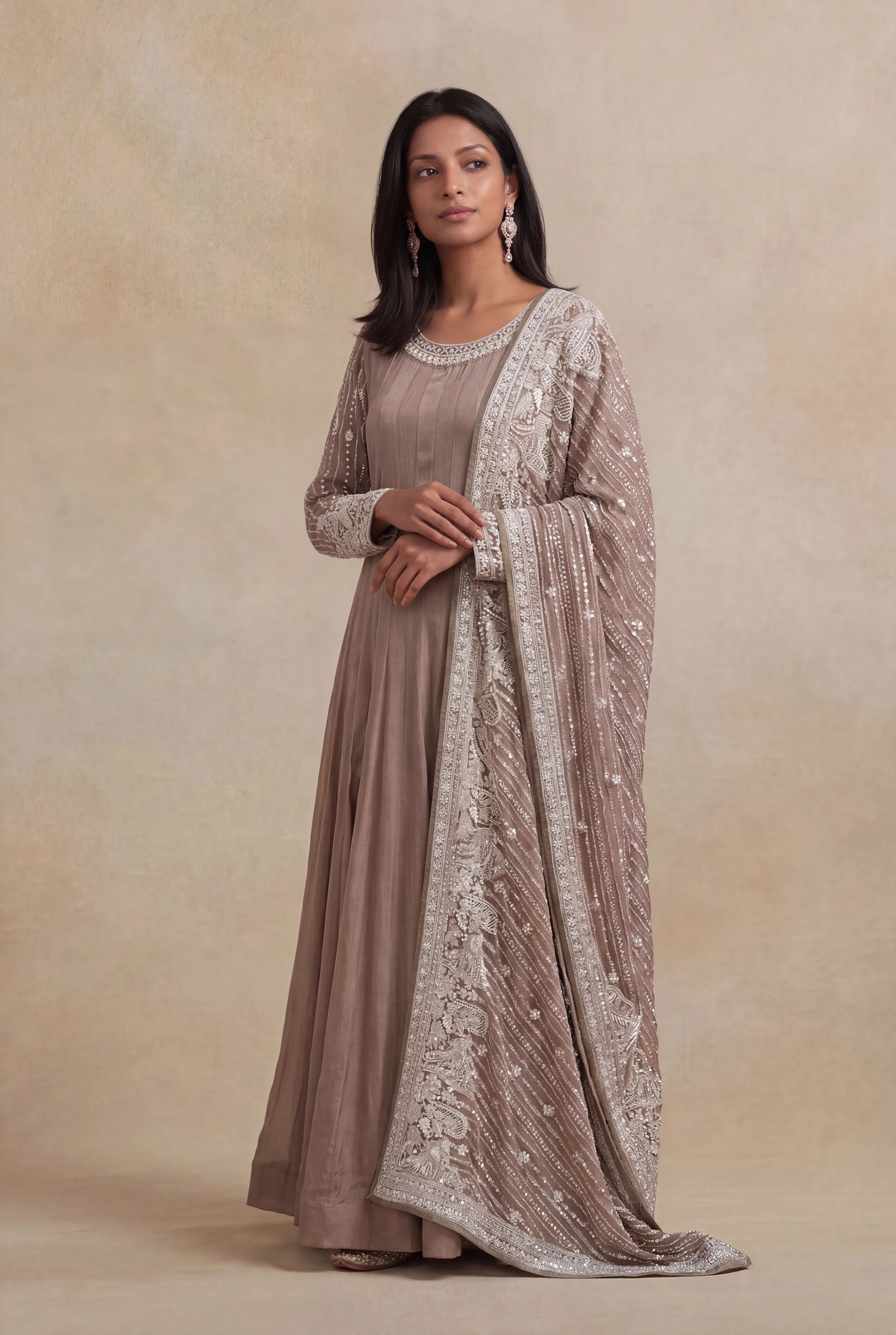 Elephant Grey Grape Fabric Embroidered Anarkali Suit