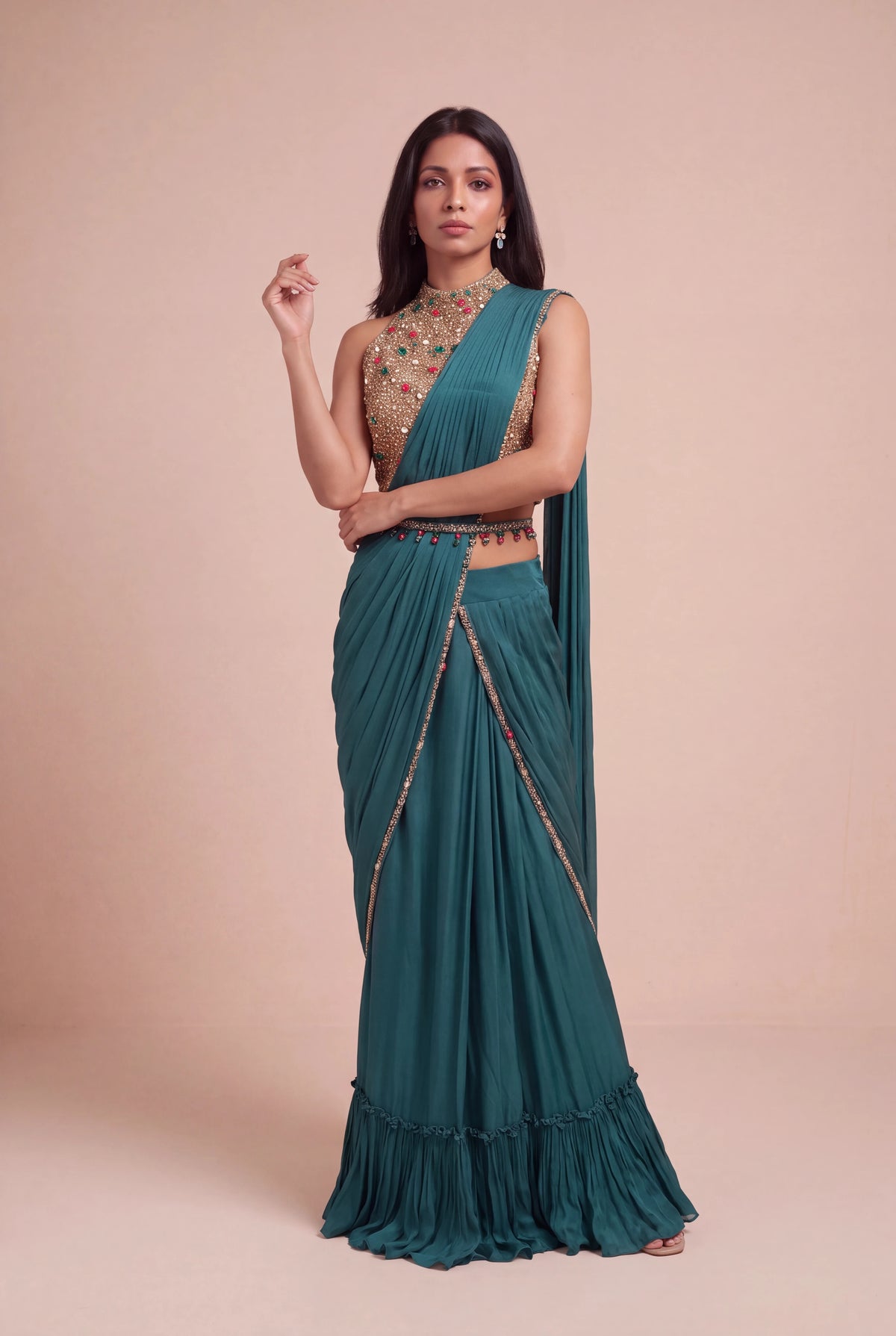 Emerald Green Draped Saree with Jewel-Embroidered Halter Blouse - Mokshaa
