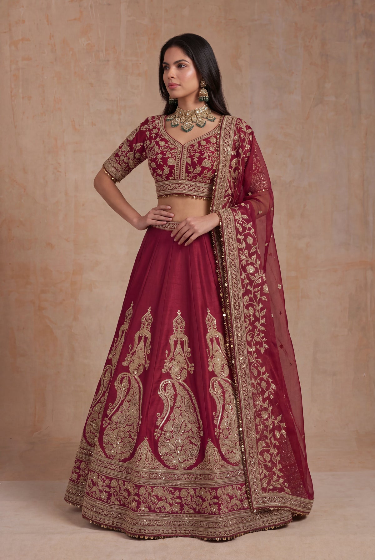 Maroon Raw Silk Lehenga - Mokshaa