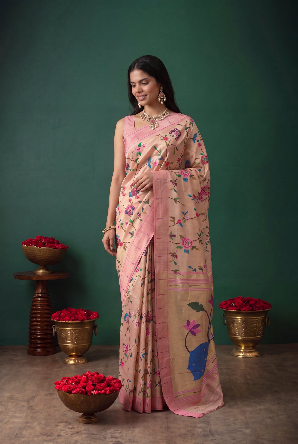 Peach Tissue Paithani Saree with Convent Embroidery and Contrast Pink Border - Mokshaa