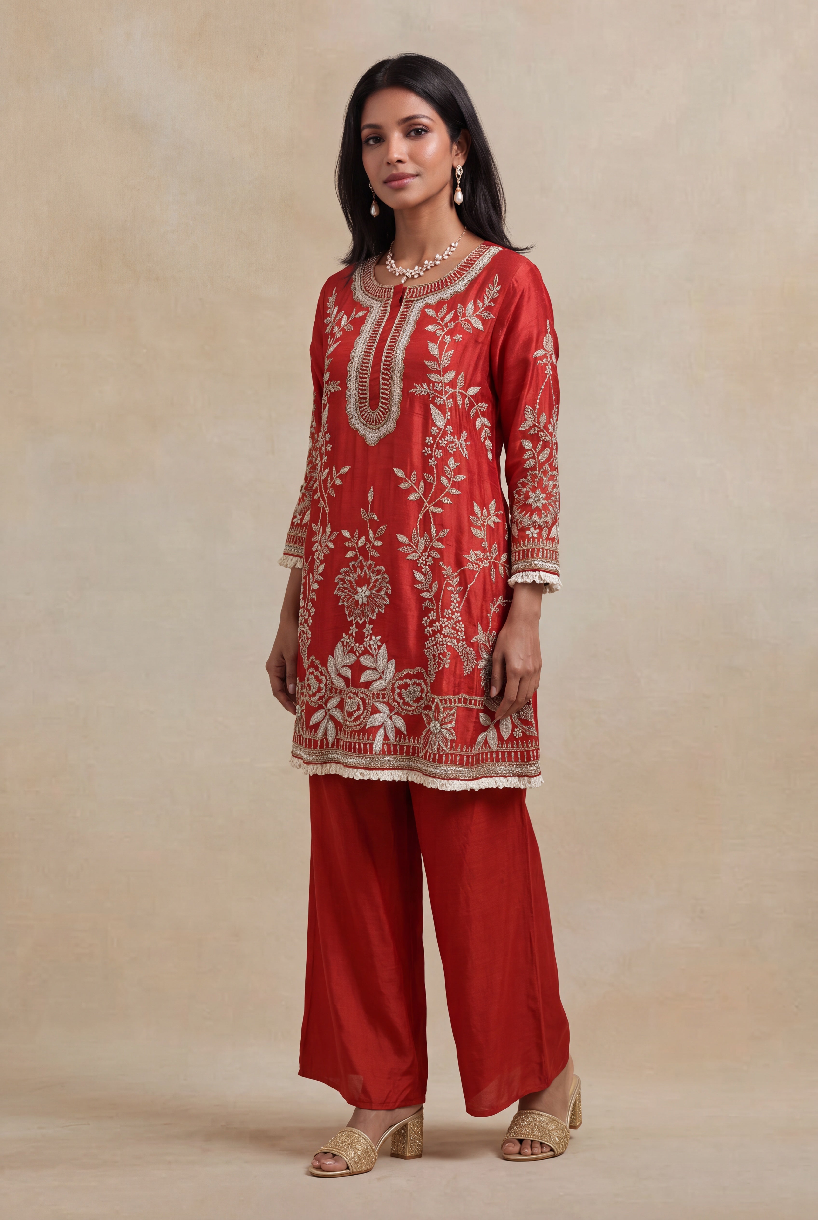 Rust Red Raw Silk Indo-Western Co-Ord Set
