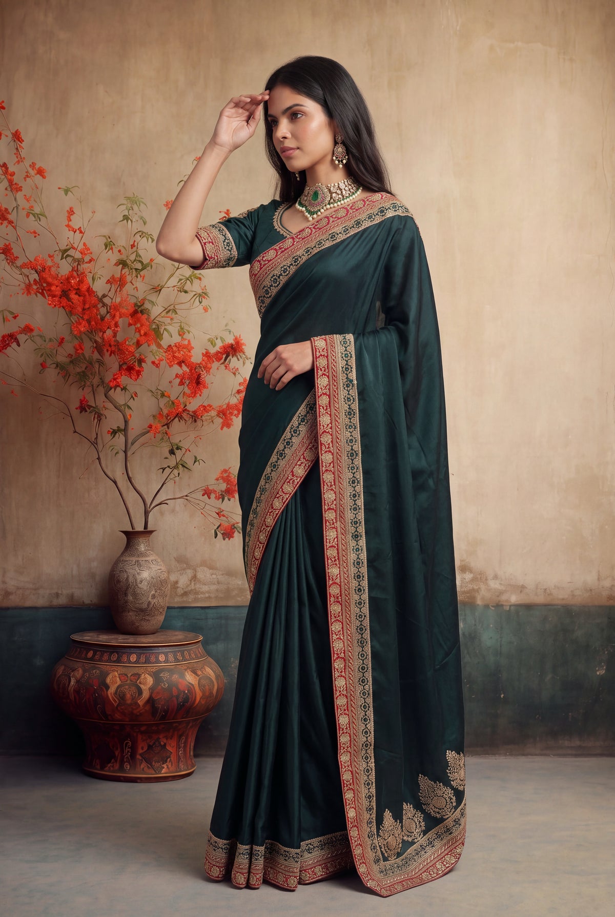 Bottle Green Satin Silk Saree - Mokshaa