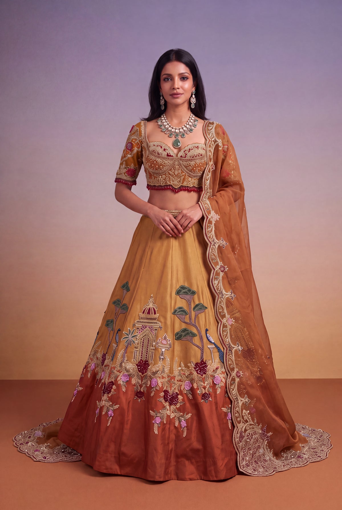 Mustard & Burnt Orange Tissue Lehenga - Mokshaa