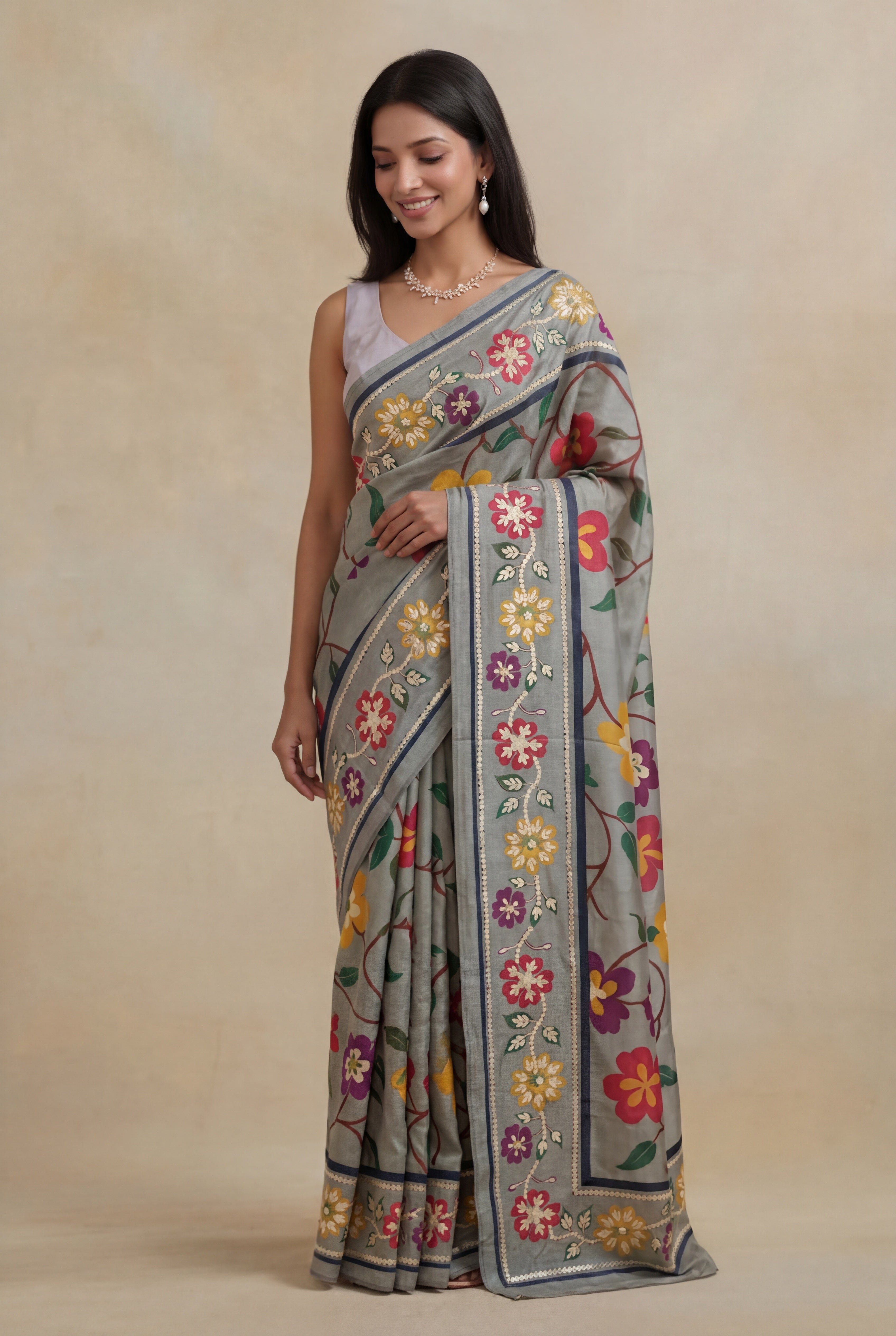 Grey Tussar Silk Saree