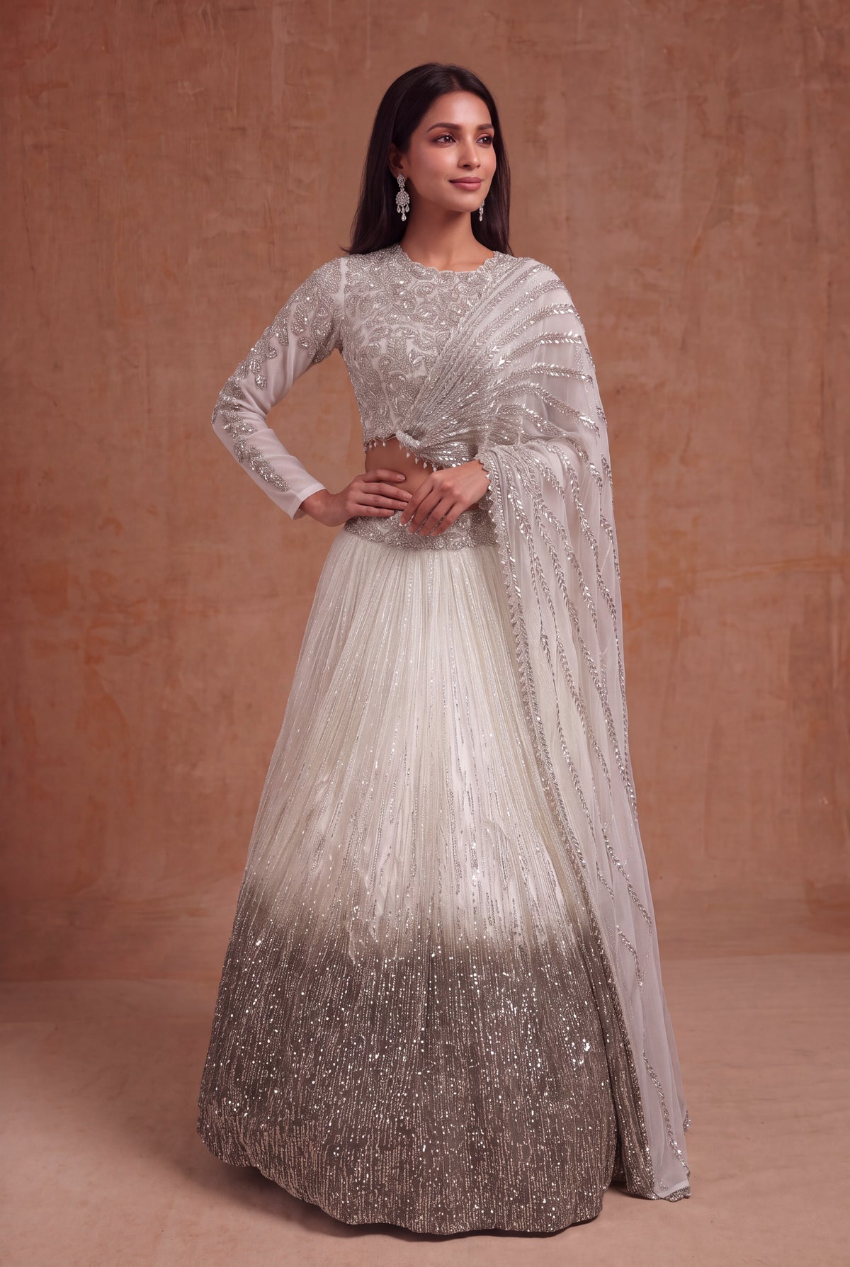 Ivory Organza Ombre Sequin Lehenga - Mokshaa