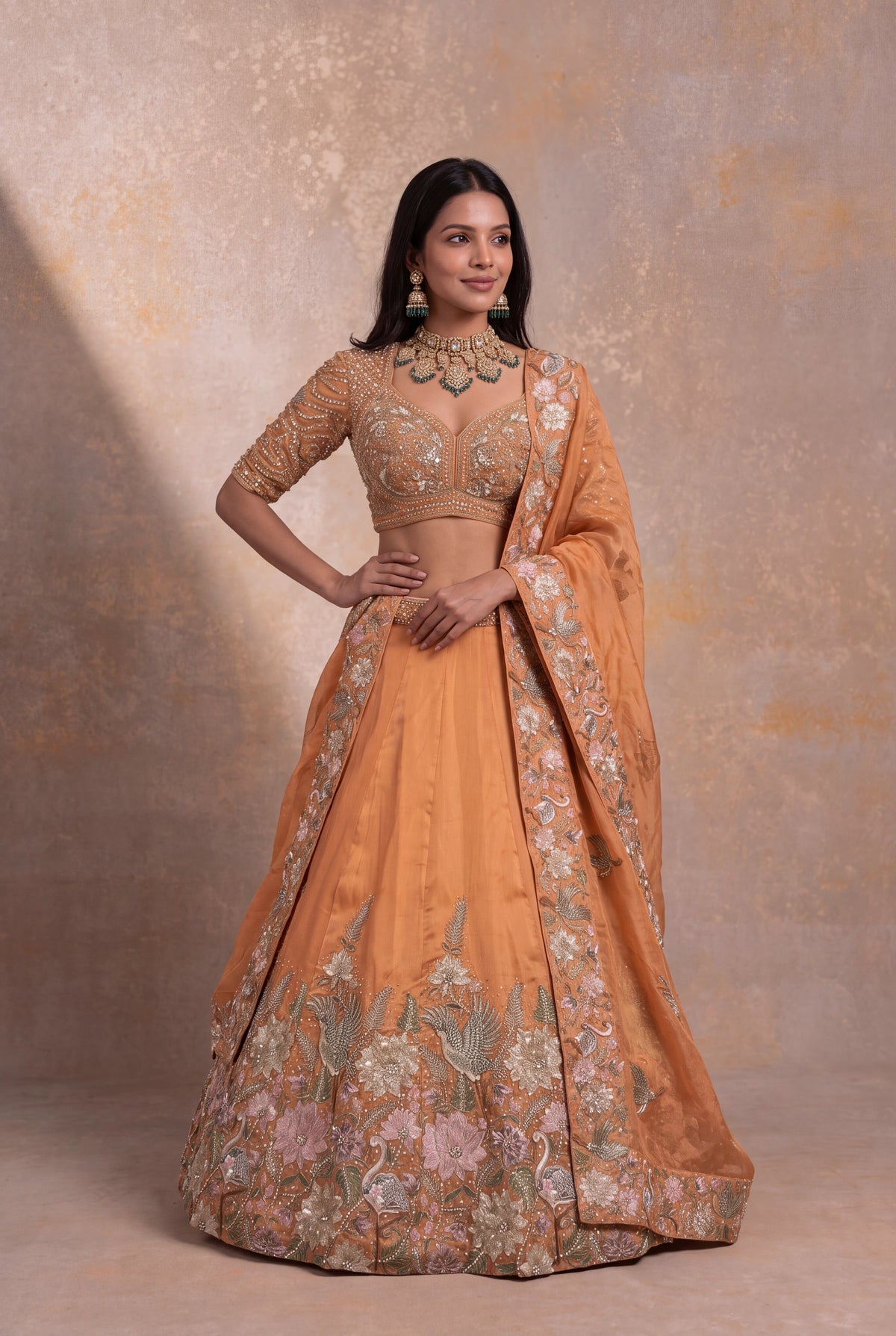 Light Orange Organza Tissue Floral Embroidered Lehenga - Mokshaa