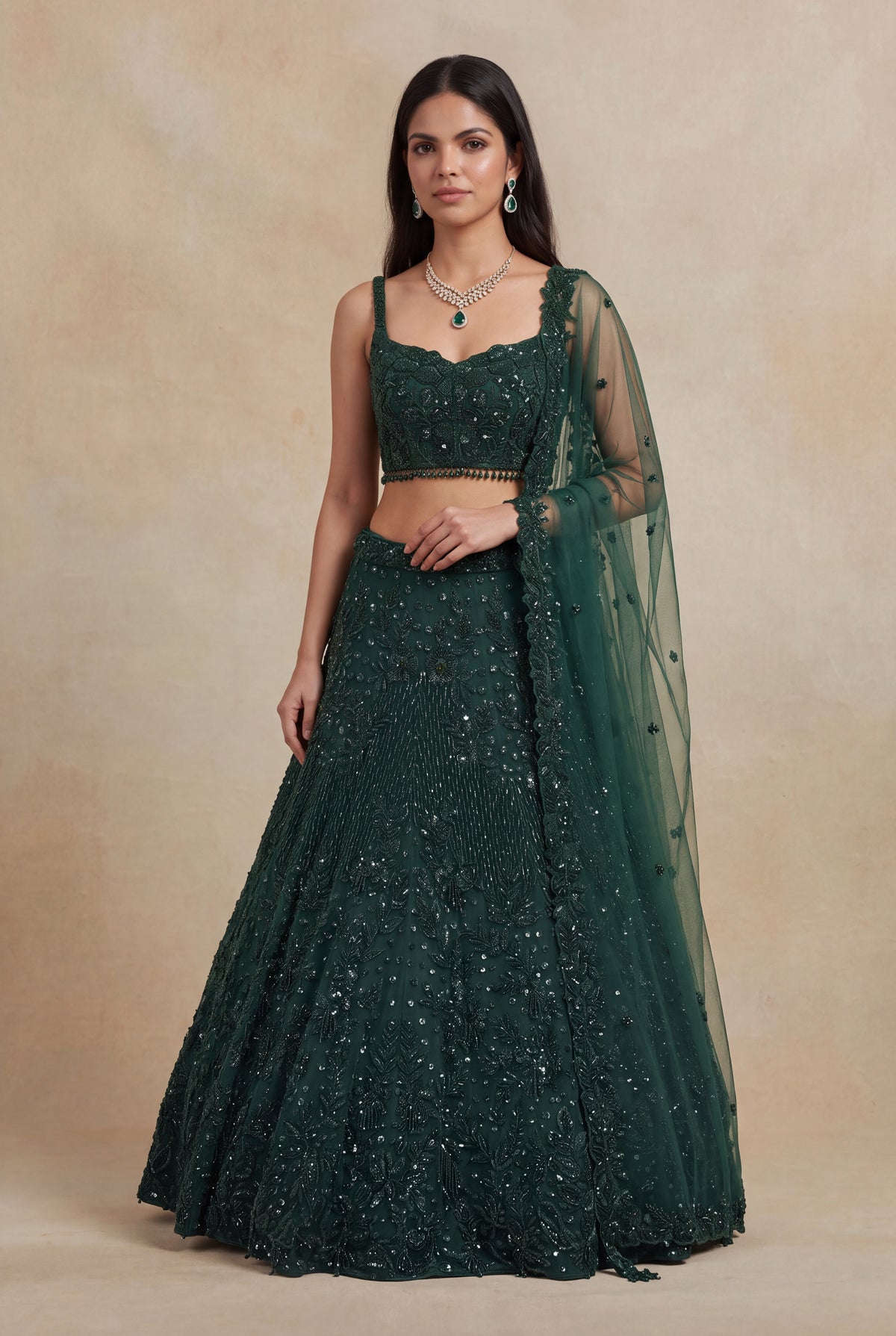 Bottle Green Net Lehenga with Sequin & Beadwork - Mokshaa