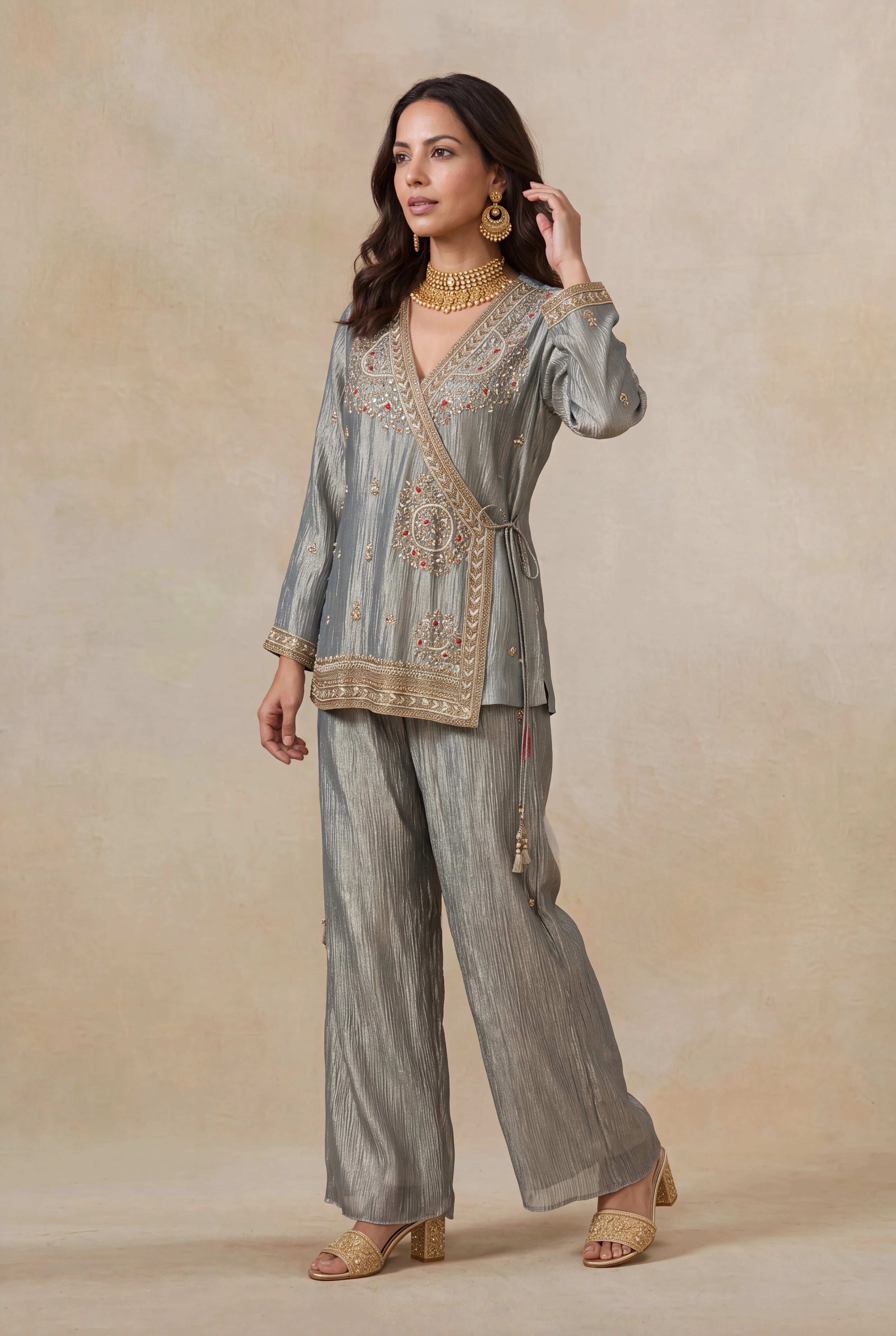 Silver Grey Crush Tissue Indo-Western Co-ord Set