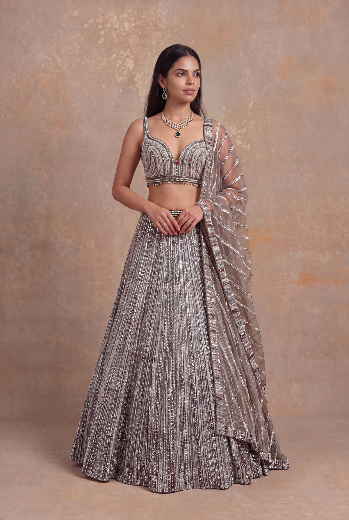 Beige Net Lehenga - Mokshaa