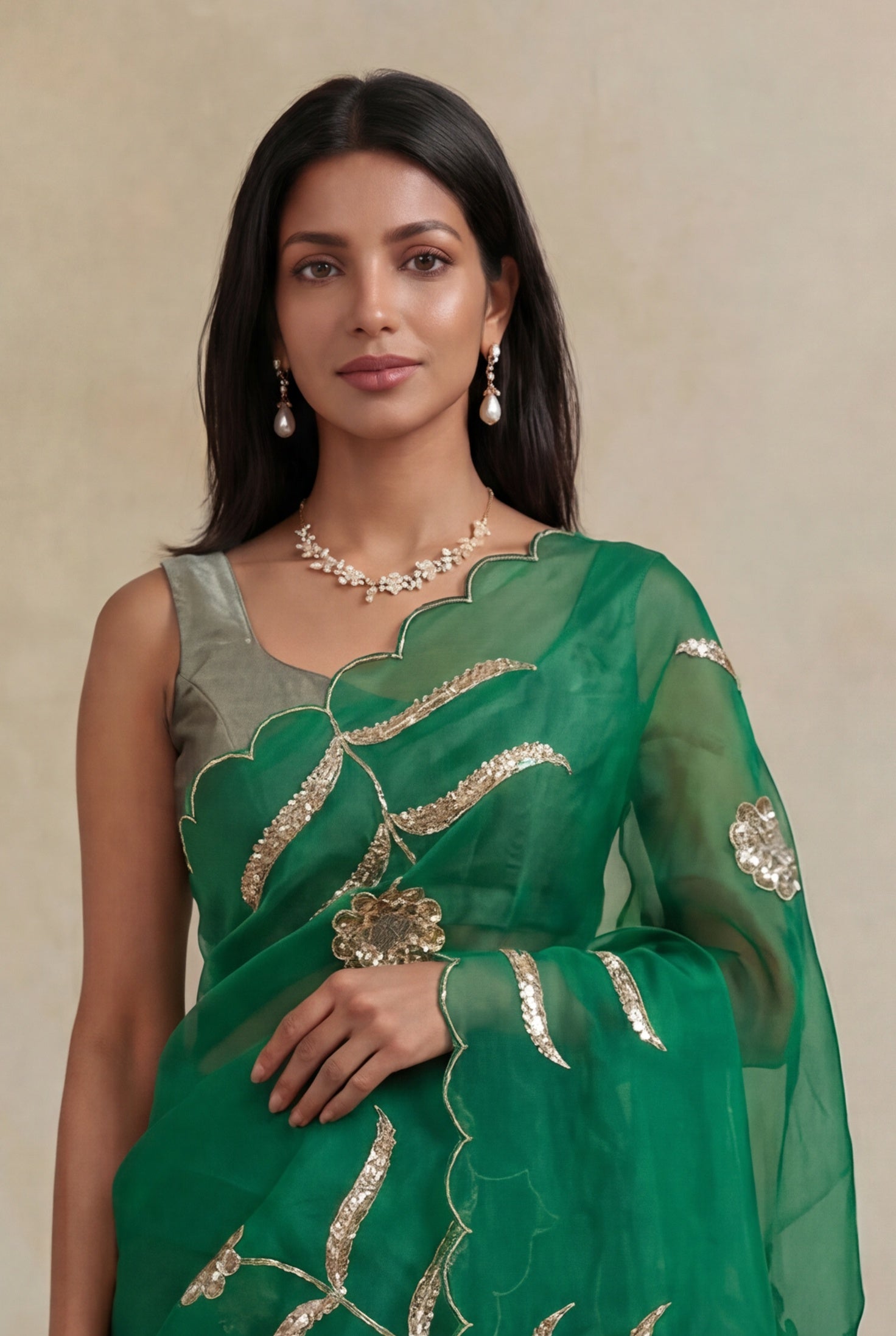 Bottle Green Organza Saree