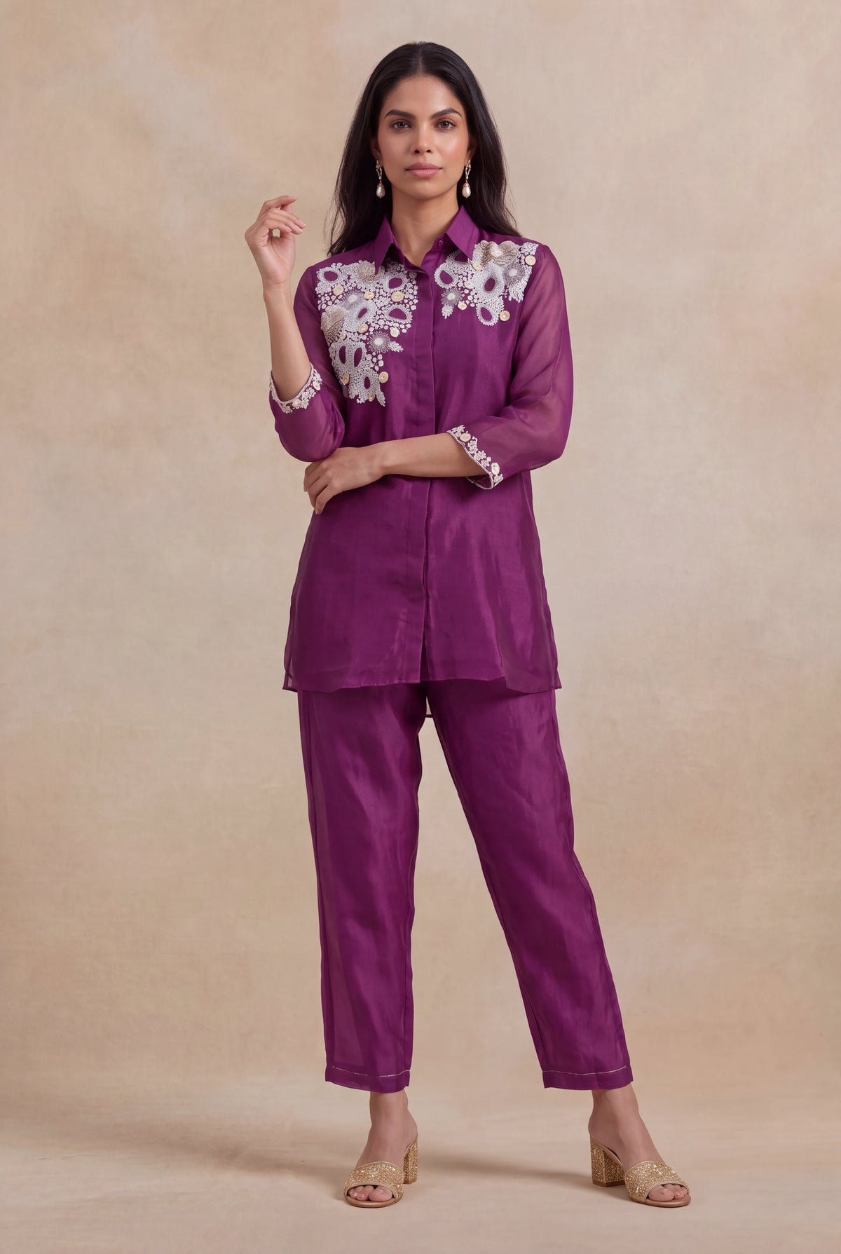 Wine Organza Co-ord Set - Mokshaa