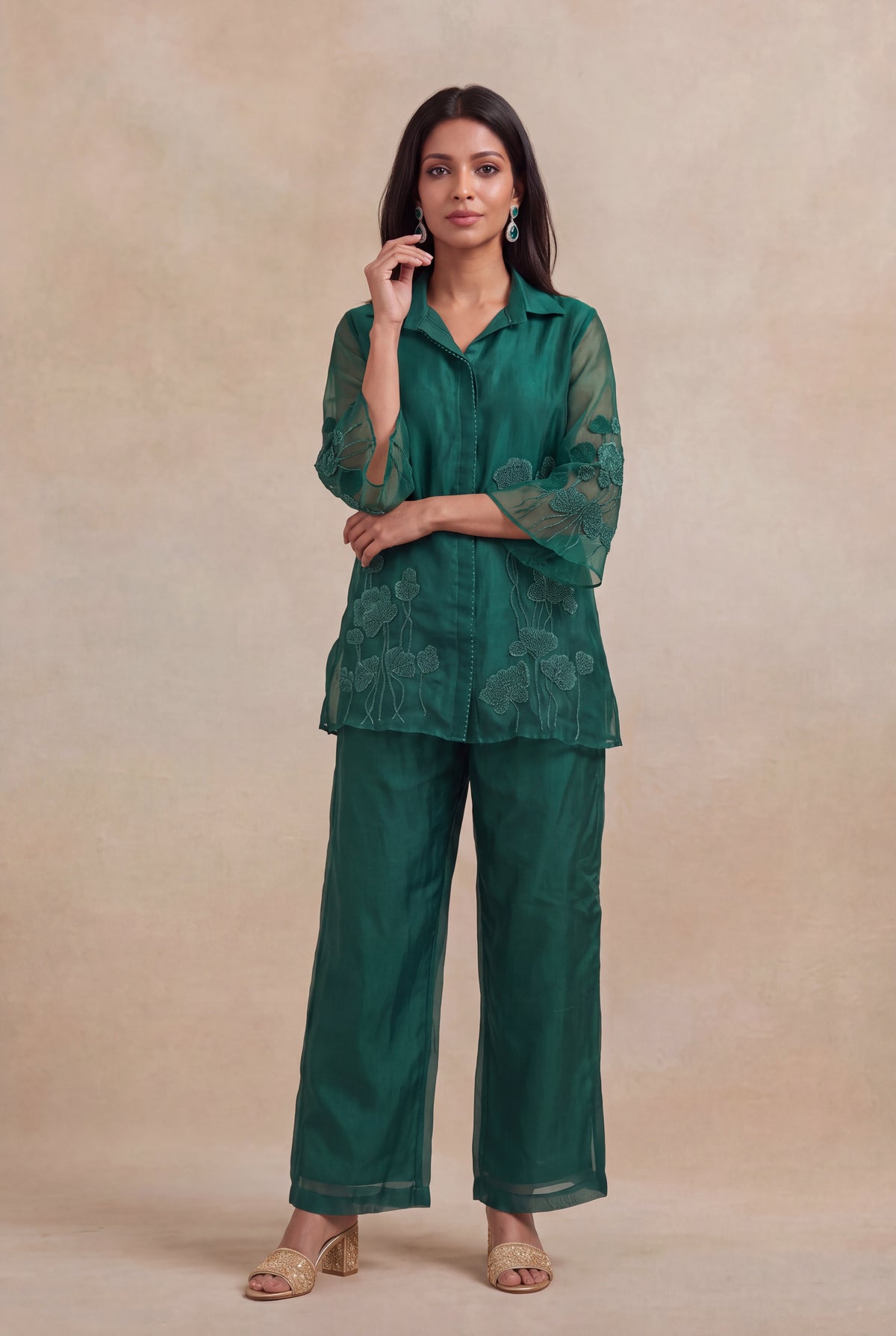 Emerald Green Organza Co-ord Set - Mokshaa