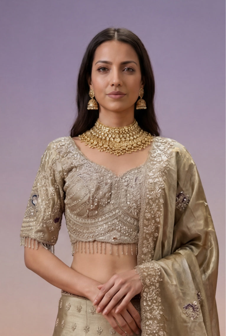 Champagne Tissue Bridal Lehenga