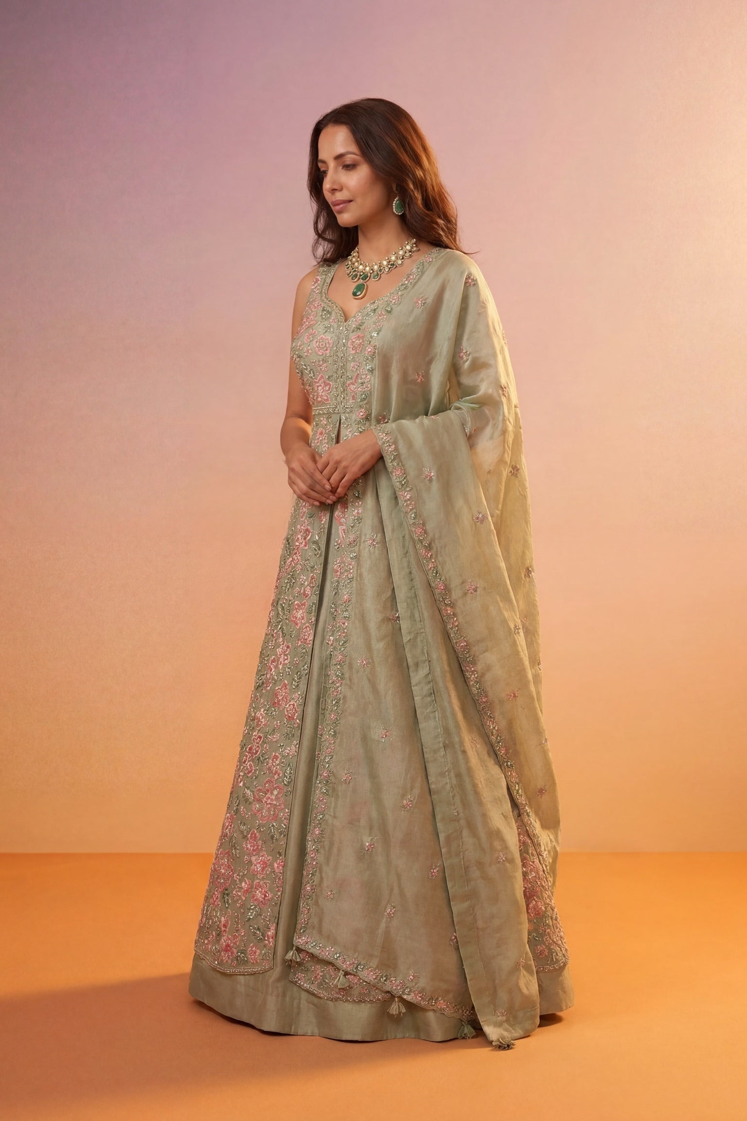 Sage Green Tissue Silk Indo-Western Lehenga