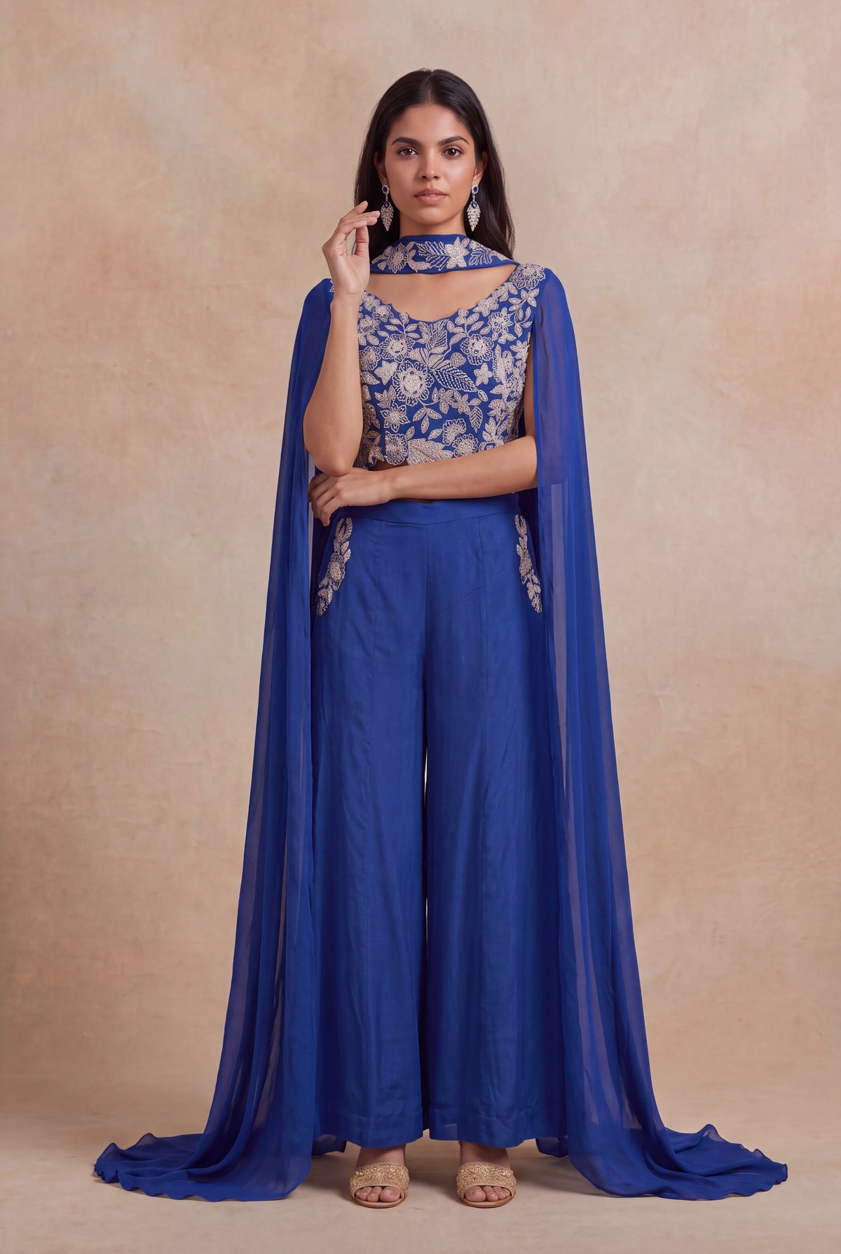 Royal Blue Chinon Georgette Indo-Western Set - Mokshaa