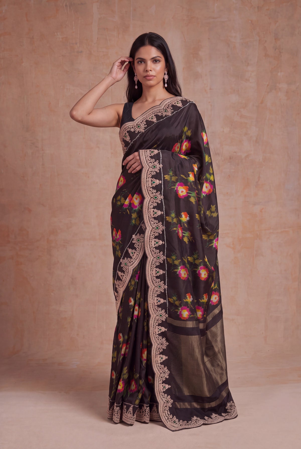 Dark Brown Twill Patola Silk Saree - Mokshaa