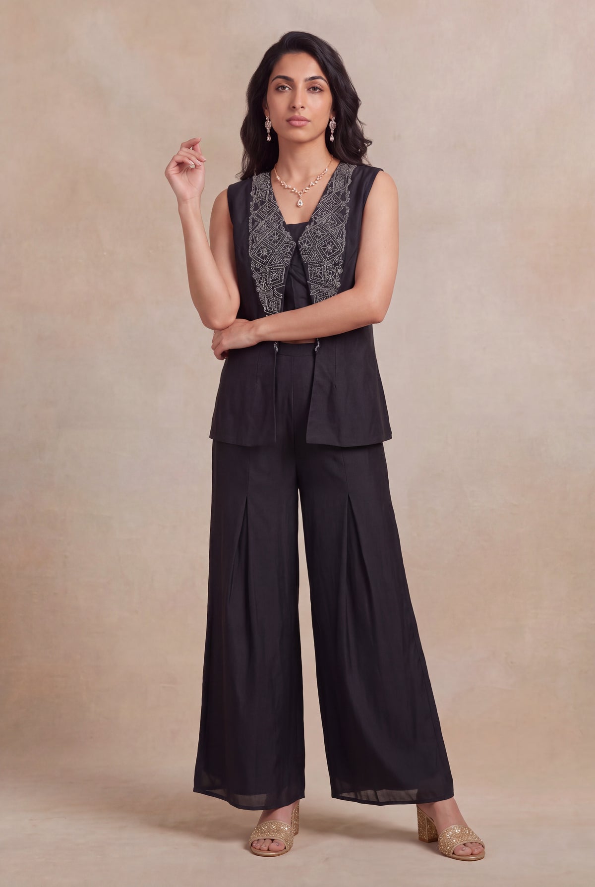 Black Silk Indo-Western Palazzo Set - Mokshaa