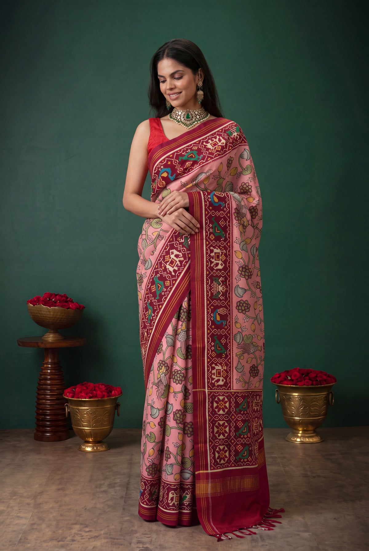 Peach Patan Patola Silk Kalamkari Saree - Mokshaa